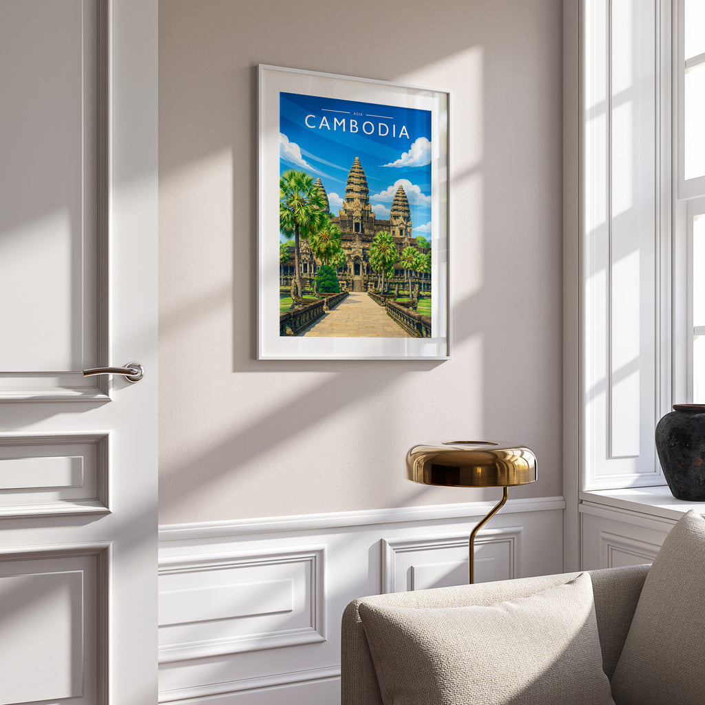Cambodia Travel Poster in a white frame on a panelled wall