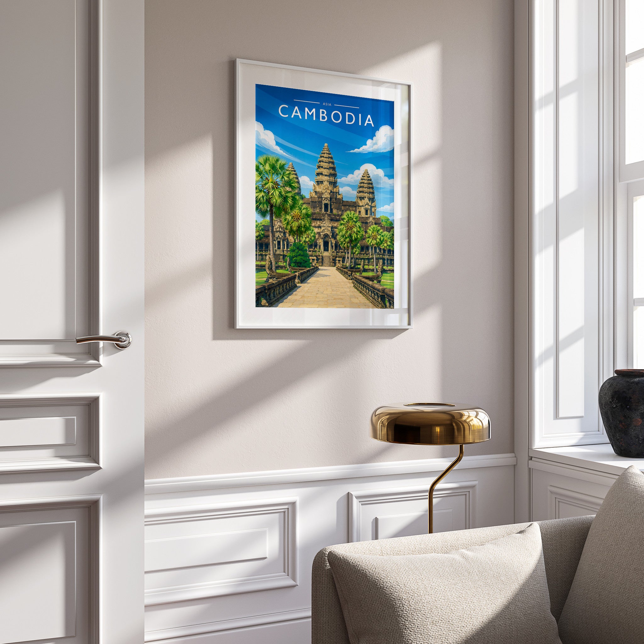 Cambodia Travel Poster in a white frame on a panelled wall