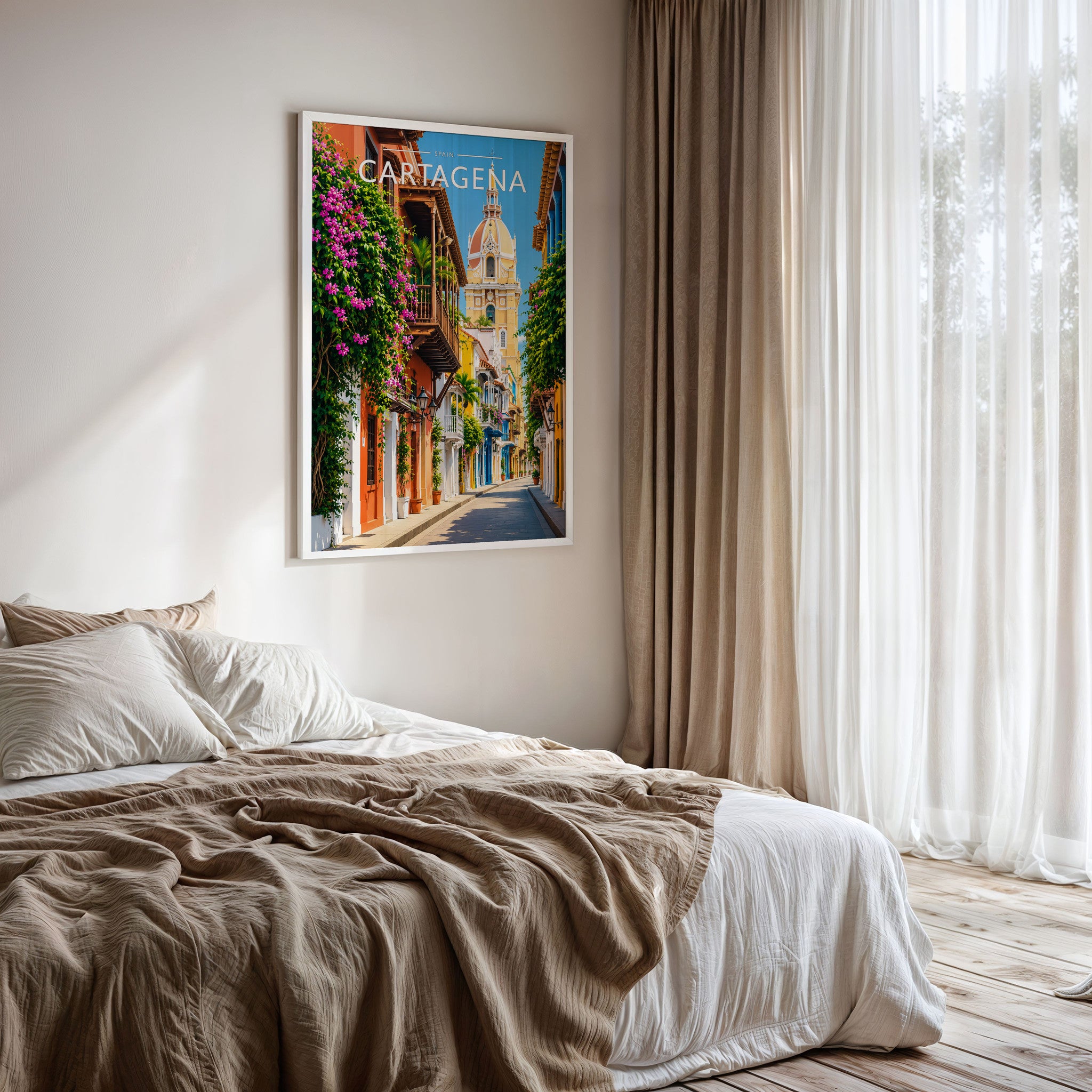 Cartagena Travel Poster framed on a bedroom wall