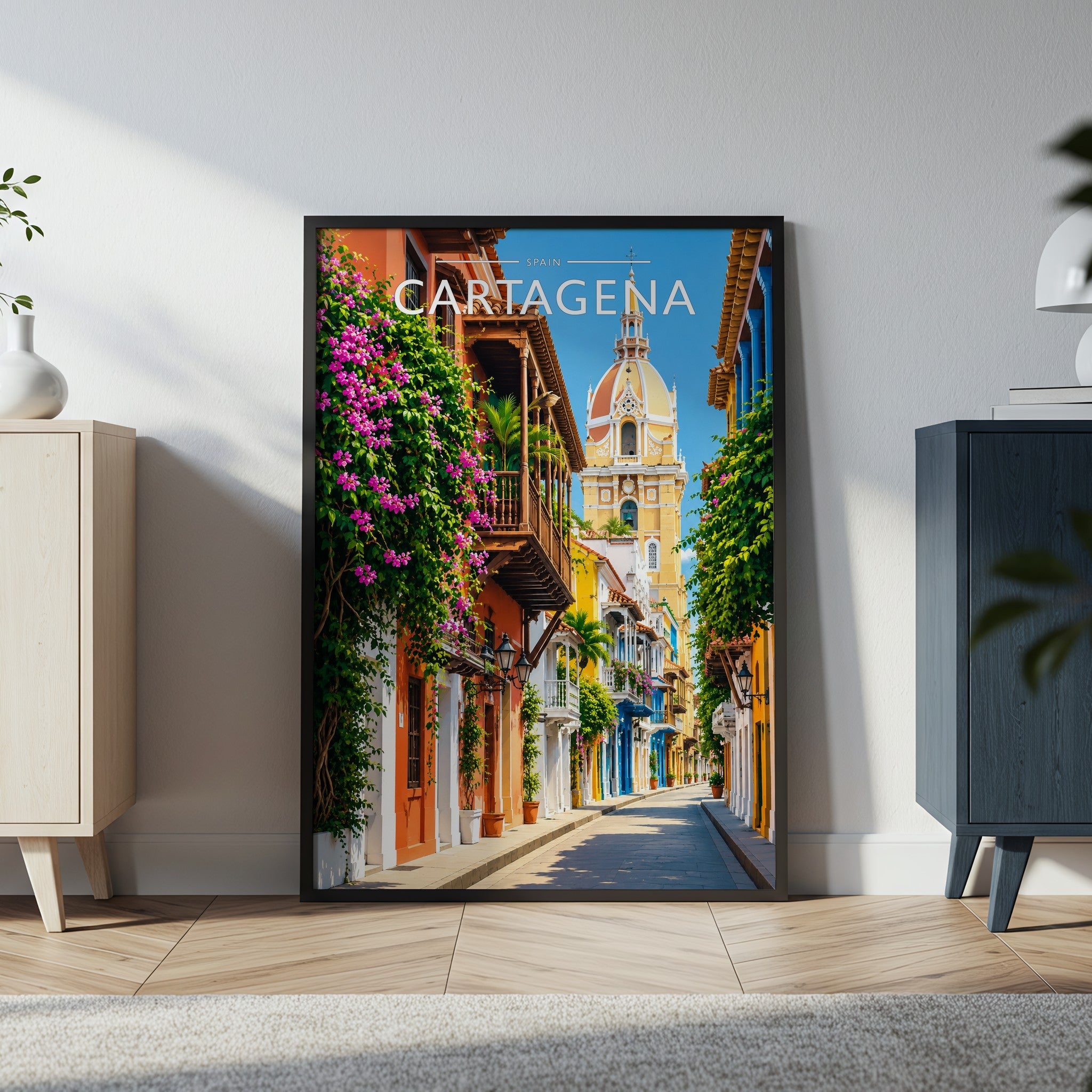 Cartagena Travel Poster in a black frame