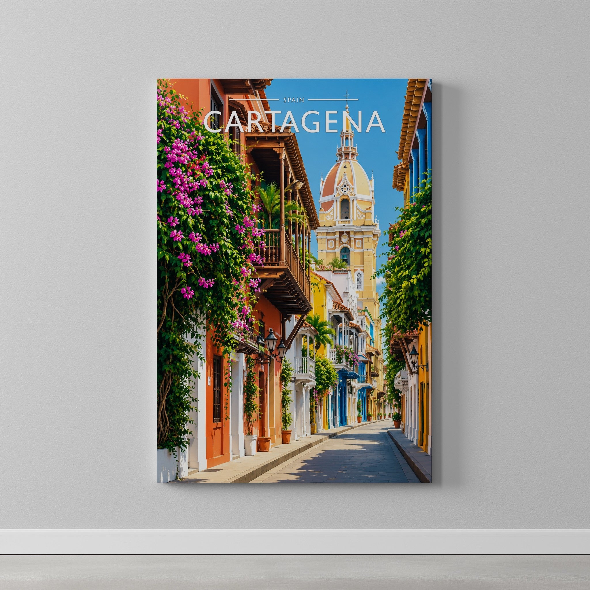 Cartagena Travel Poster as a gallery-wrapped canvas on a plain wall
