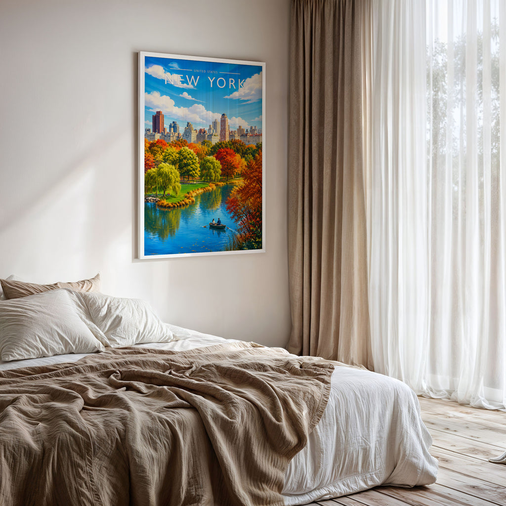 New York #5 Travel Poster framed on a bedroom wall