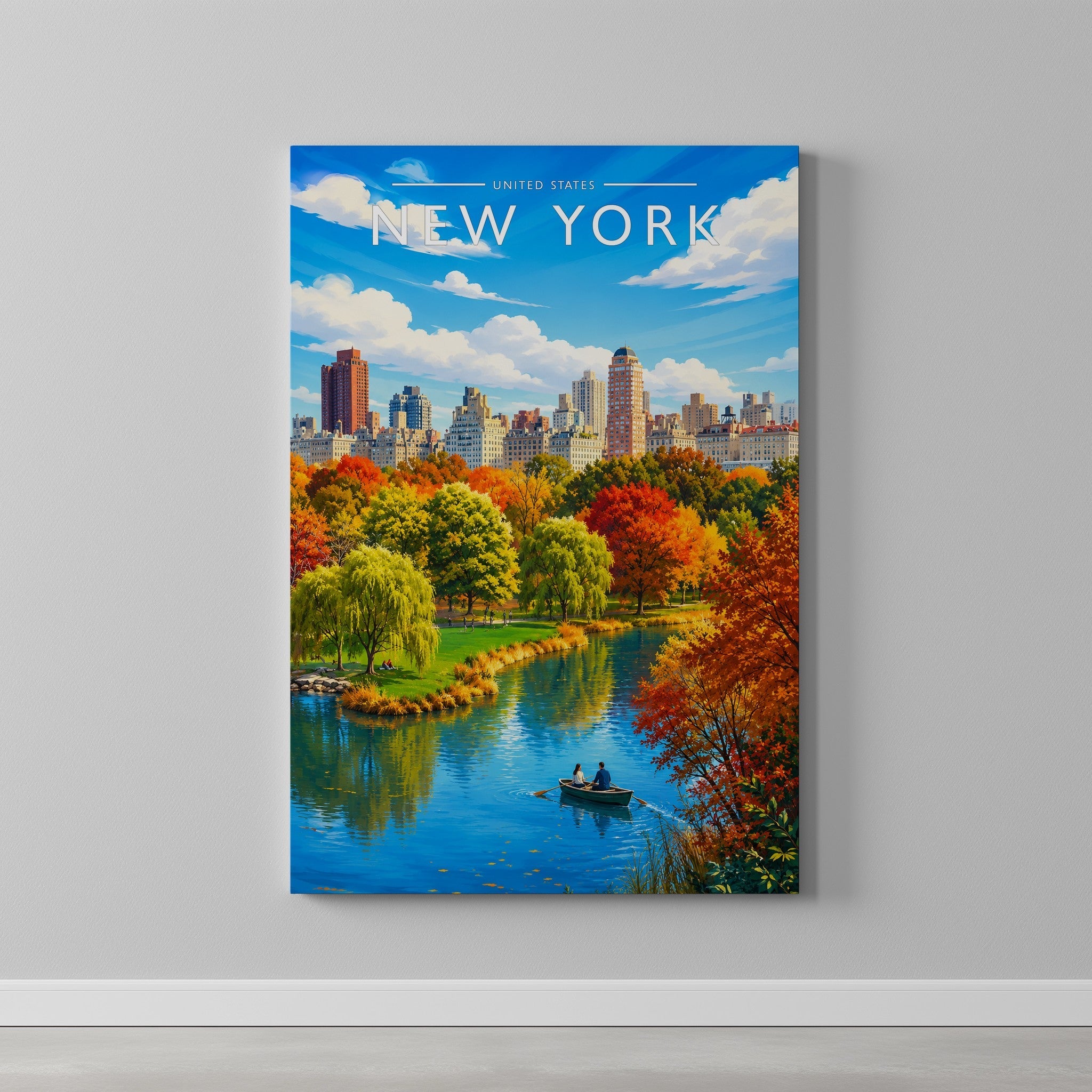 New York #5 Travel Poster as a gallery-wrapped canvas on a plain wall