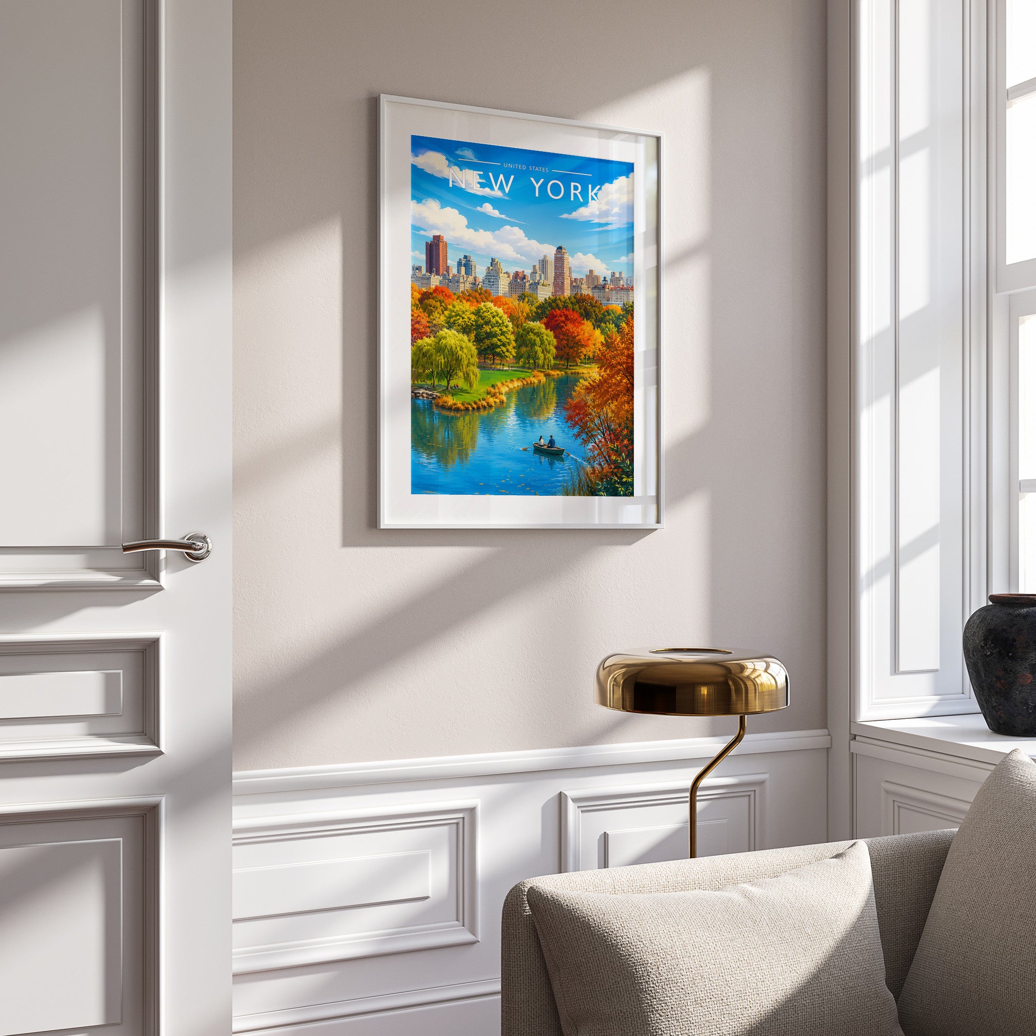 New York #5 Travel Poster in a white frame on a panelled wall