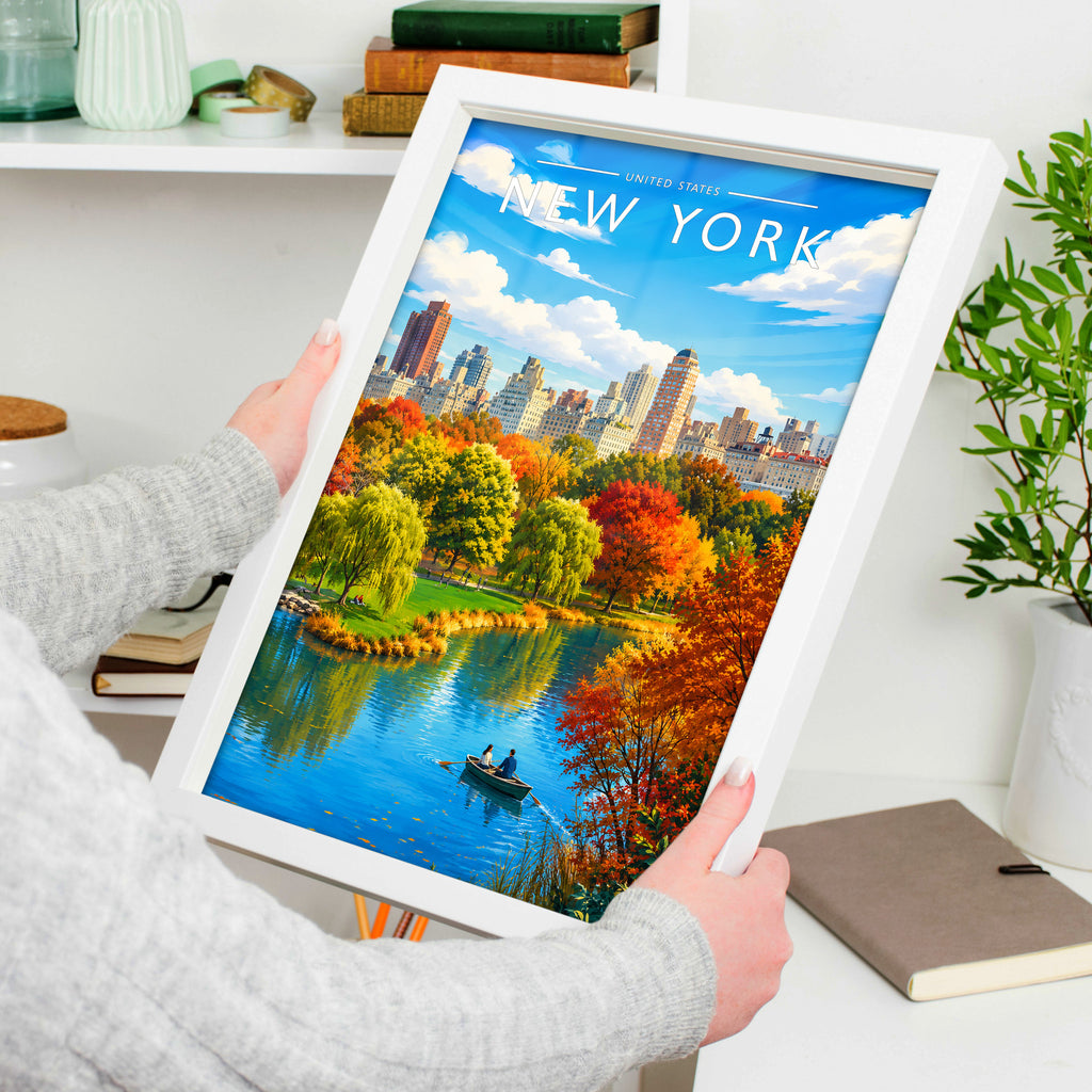 New York #5 Travel Poster in a white frame, held to show scale