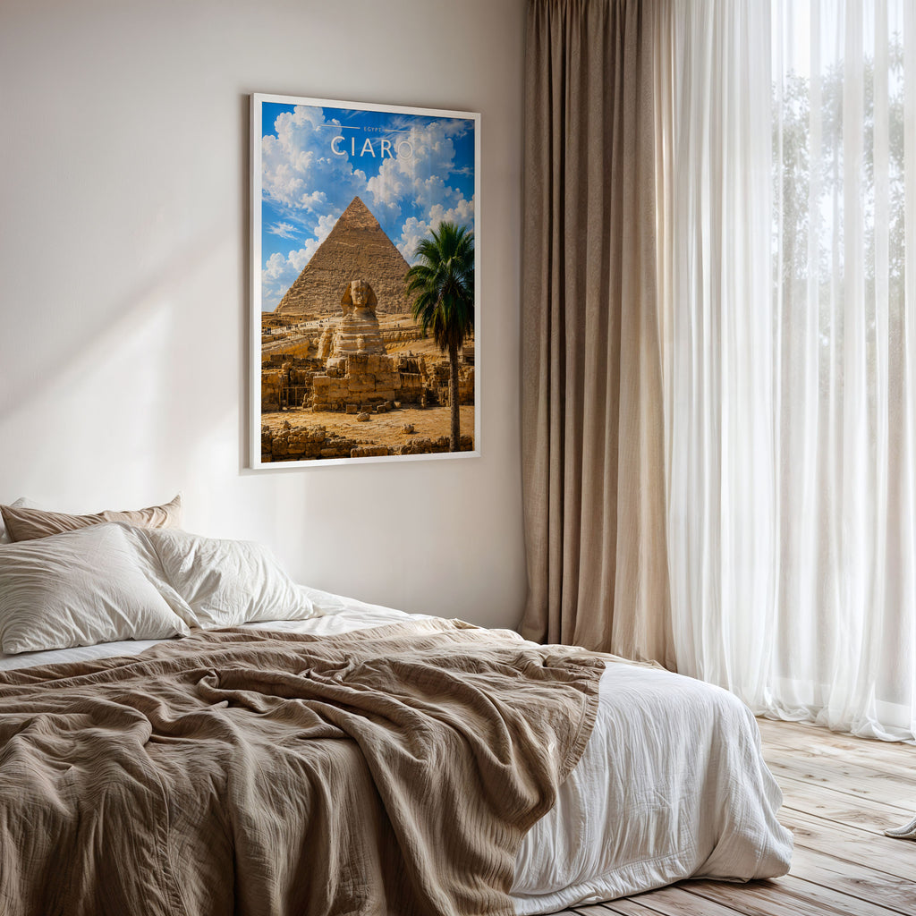 Cairo #2 Travel Poster framed on a bedroom wall