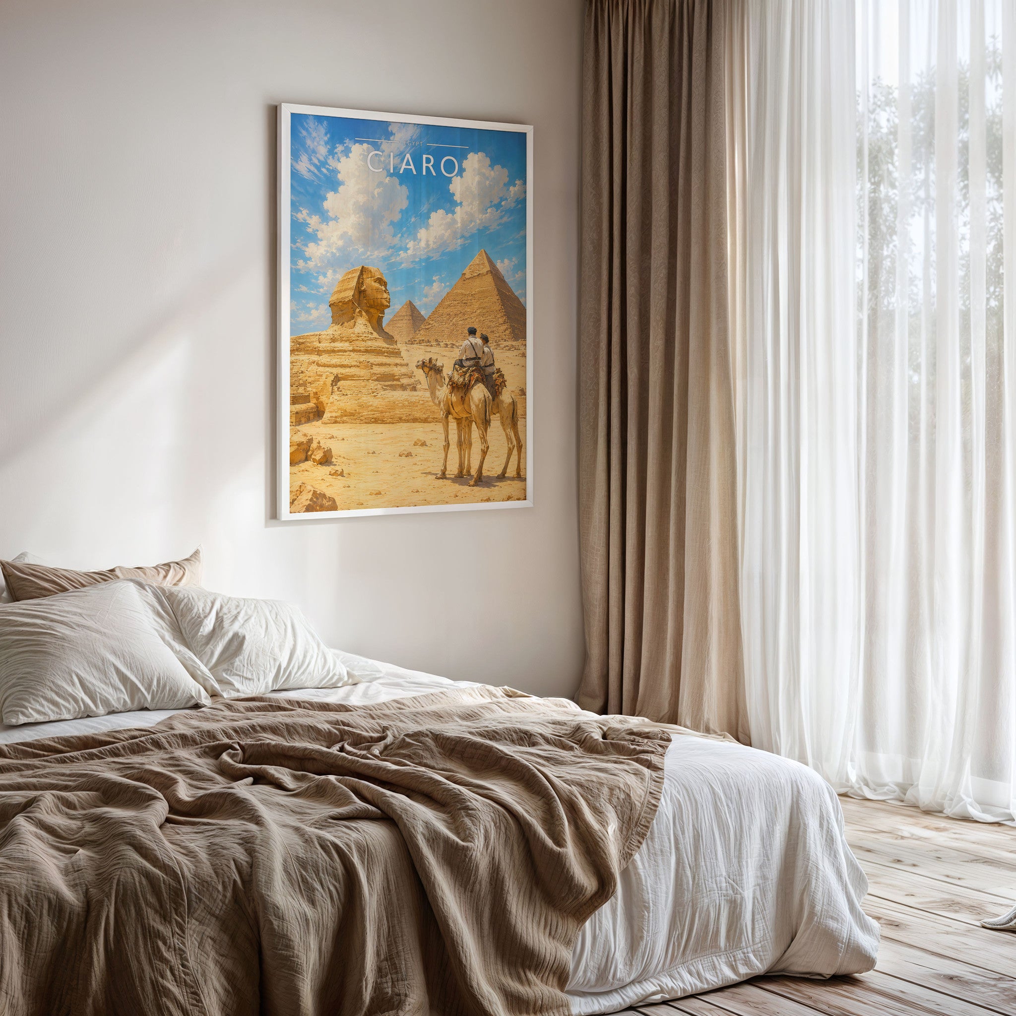 Cairo #3 Travel Poster framed on a bedroom wall