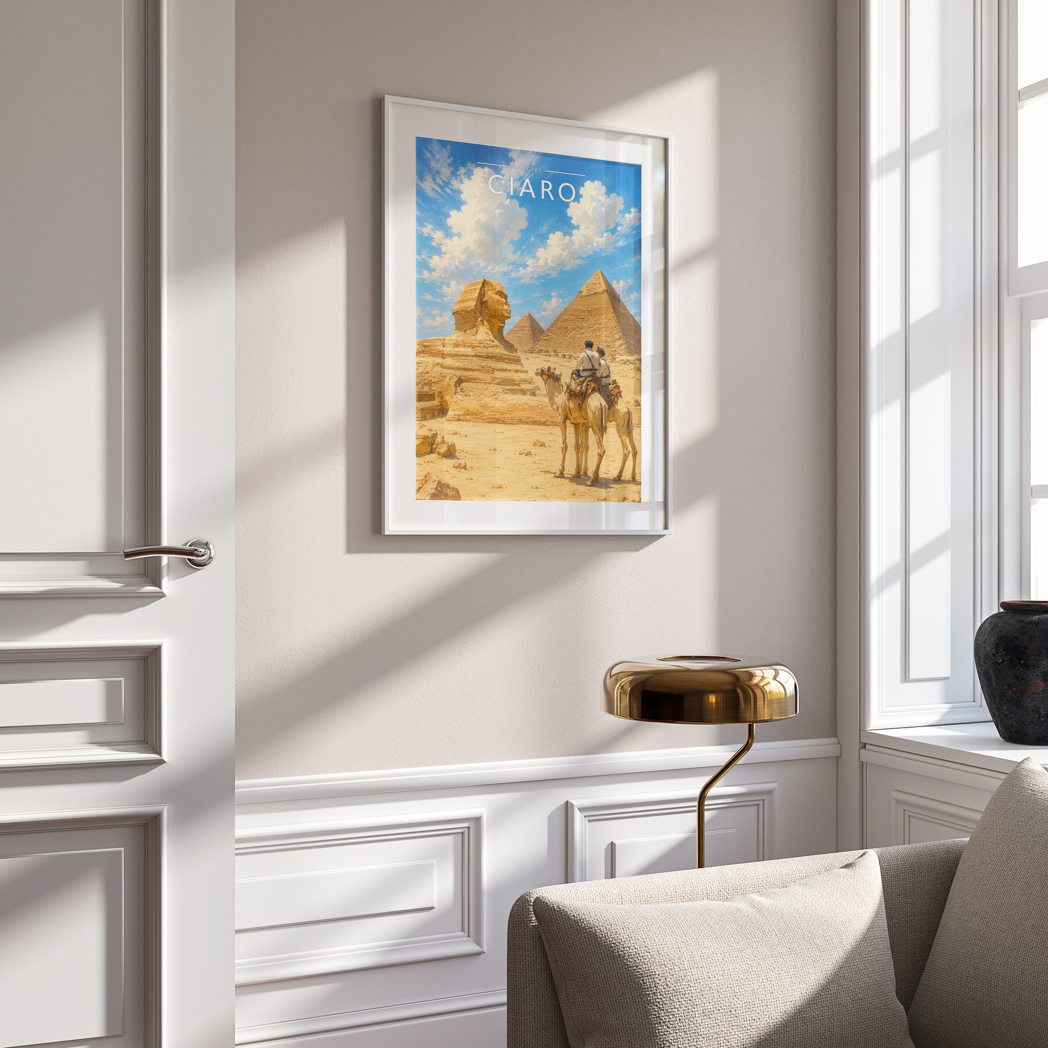 Cairo #3 Travel Poster in a white frame on a panelled wall