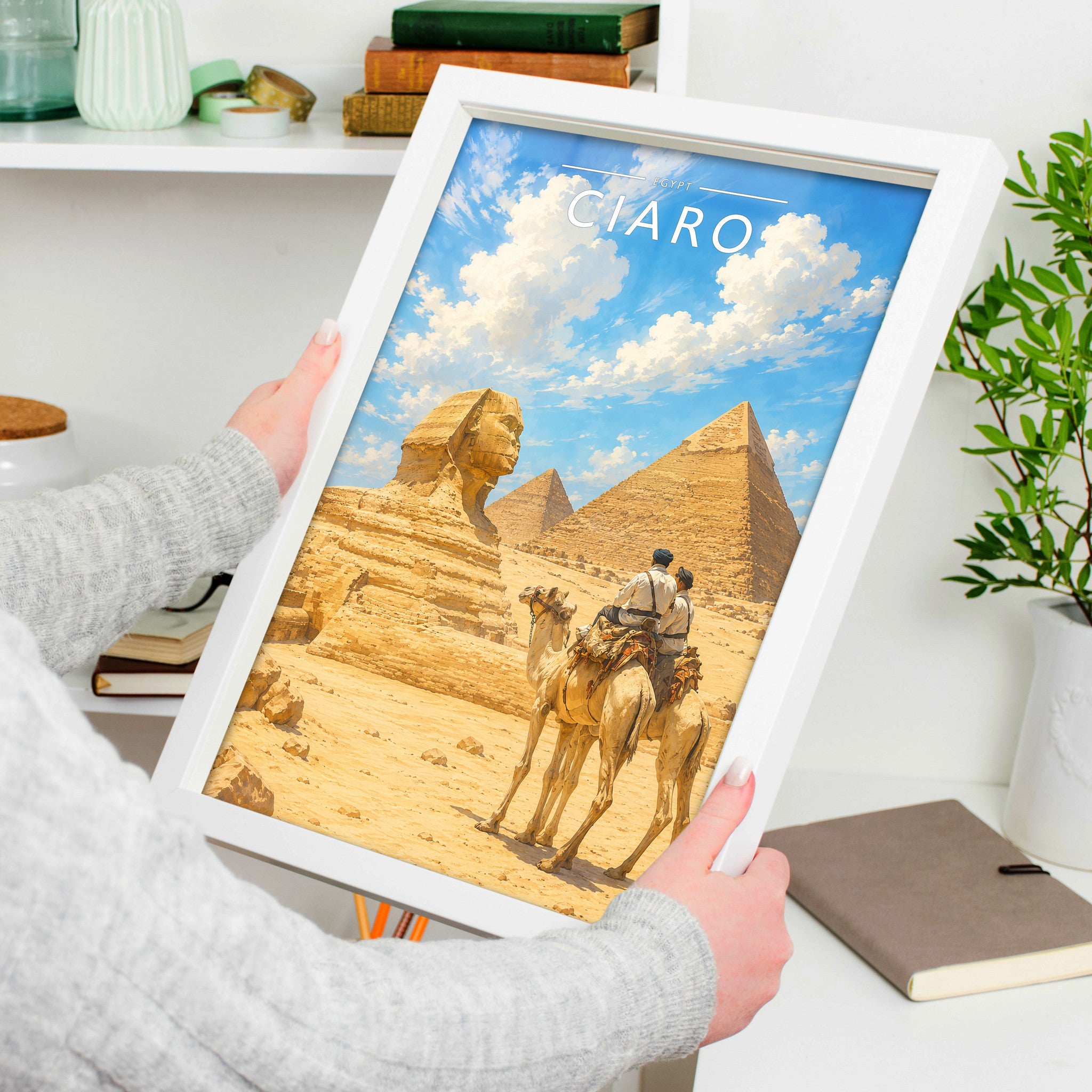 Cairo #3 Travel Poster in a white frame, held to show scale