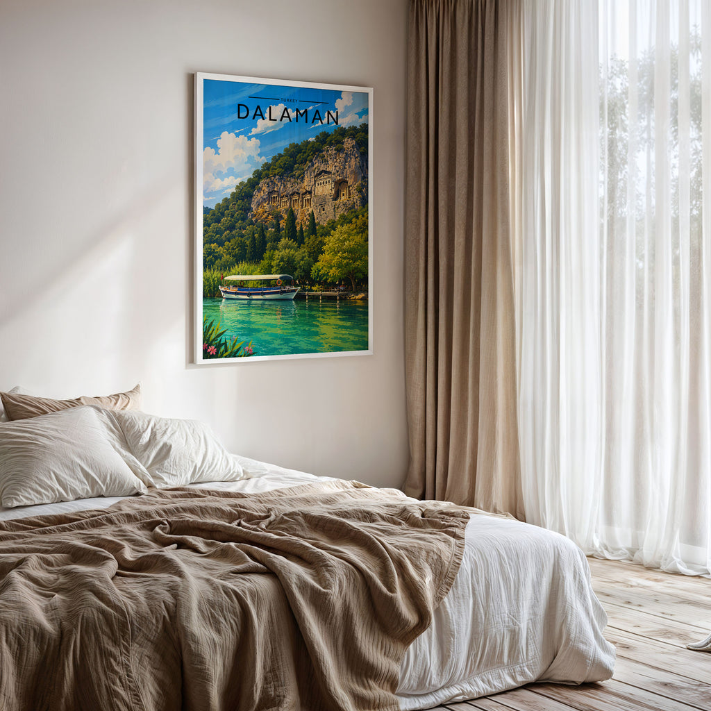 Dalaman #2 Travel Poster framed on a bedroom wall