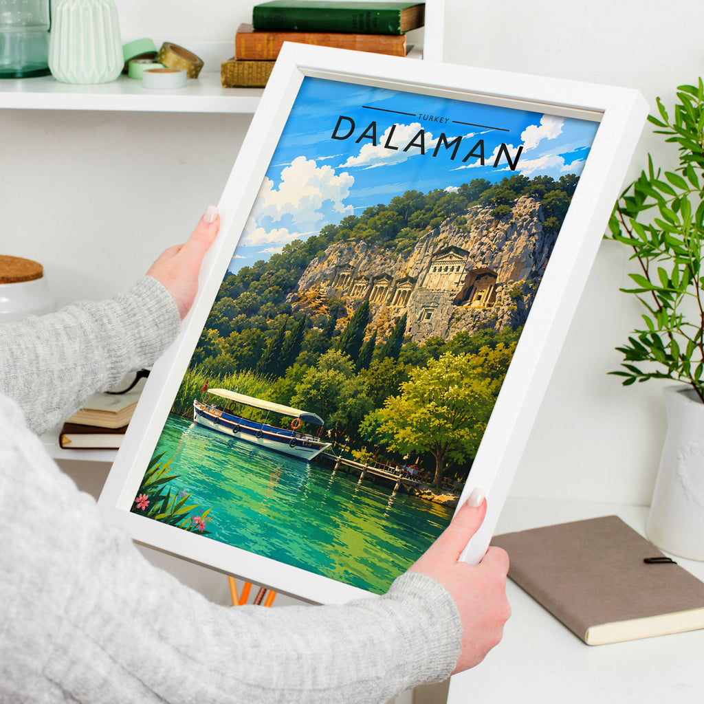 Dalaman #2 Travel Poster in a white frame, held to show scale