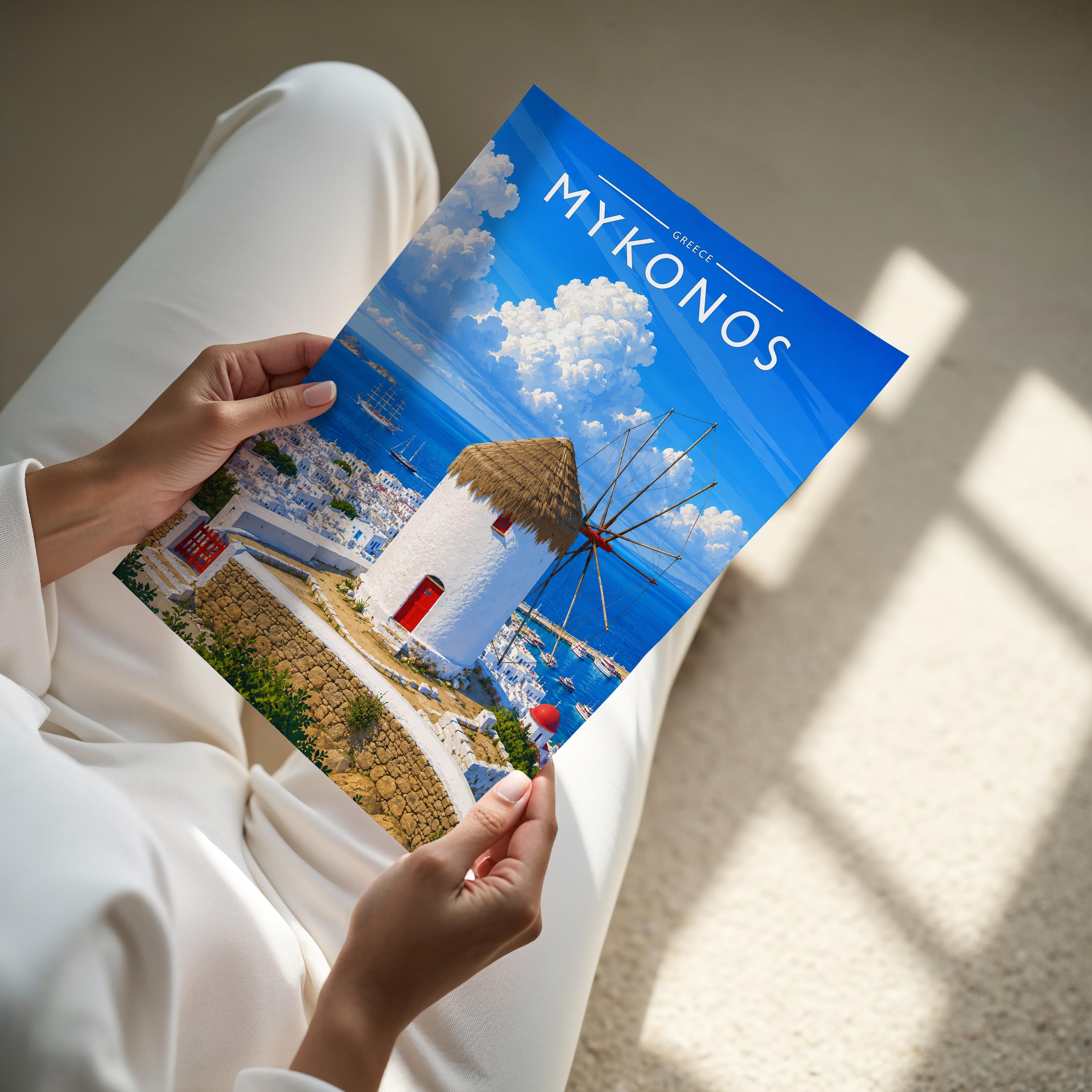 Mykonos #2 Travel Poster - A4 print held in hand