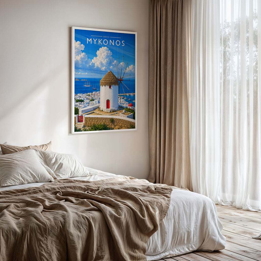 Mykonos #2 Travel Poster framed on a bedroom wall