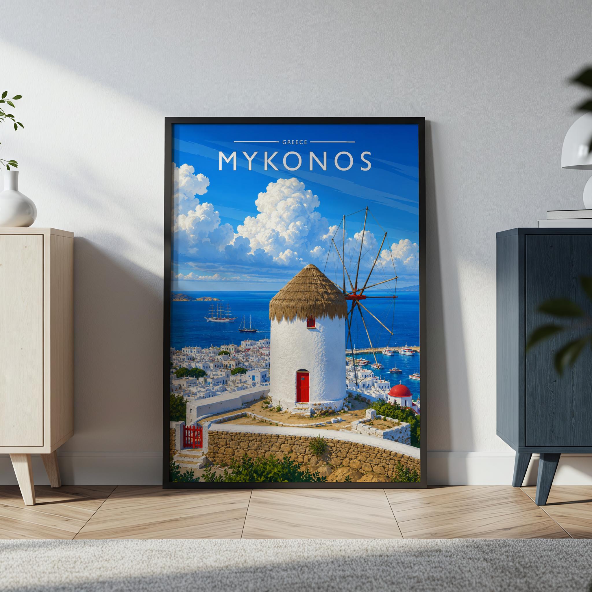 Mykonos #2 Travel Poster in a black frame