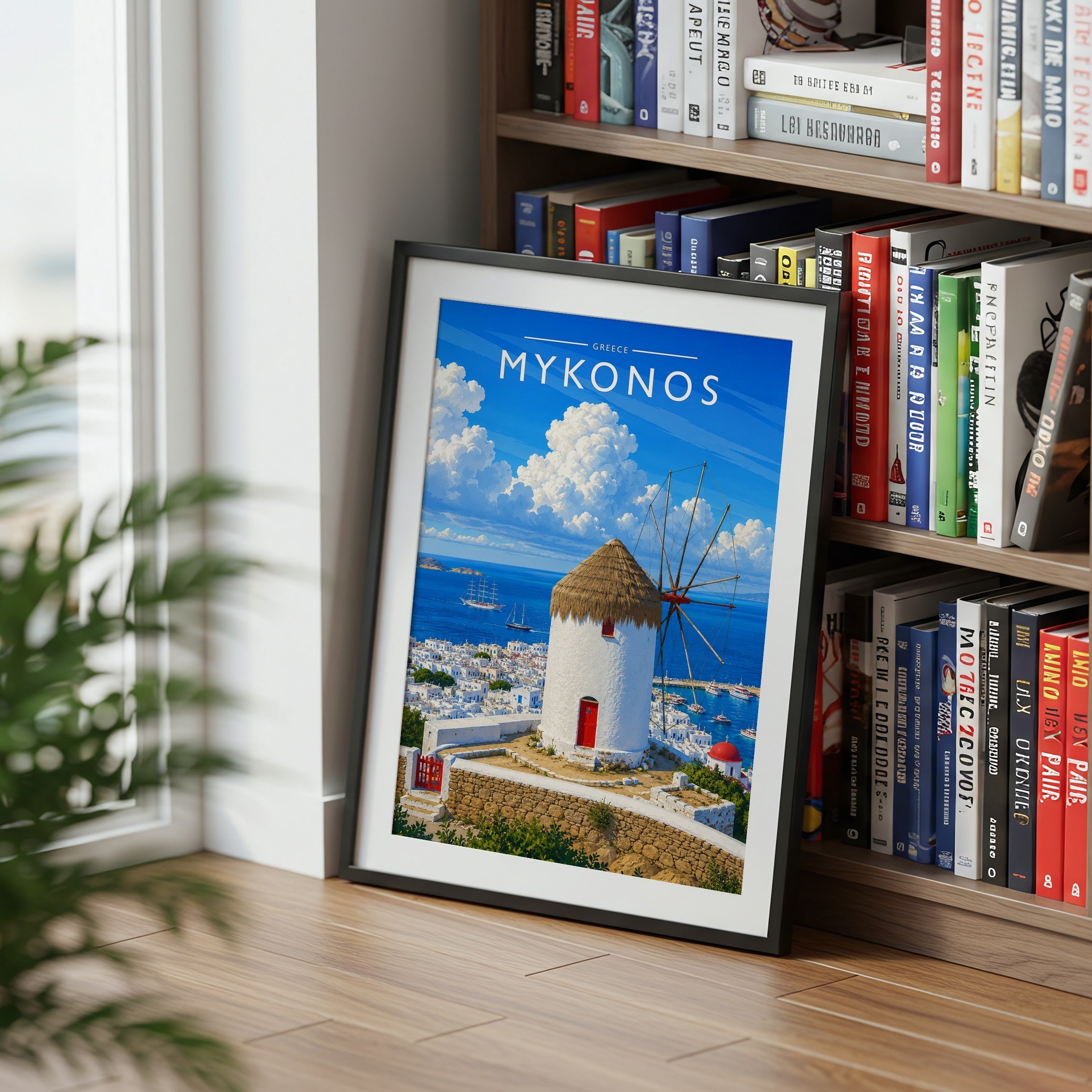 Mykonos #2 Travel Poster mounted in a black frame