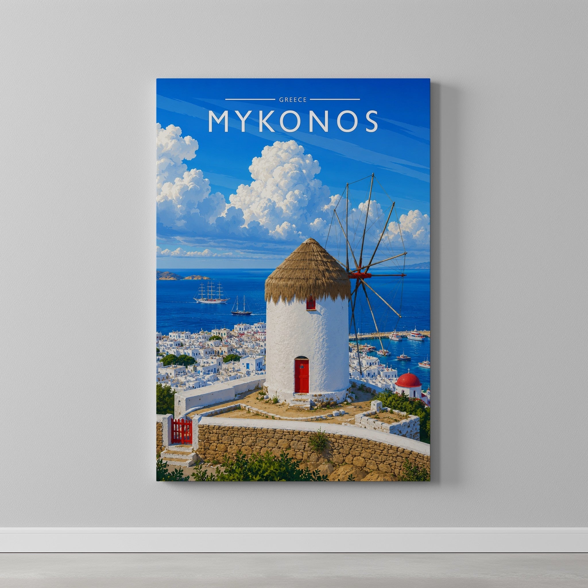 Mykonos #2 Travel Poster as a gallery-wrapped canvas on a plain wall