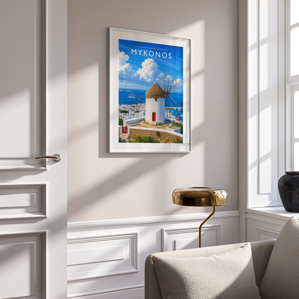 Mykonos #2 Travel Poster in a white frame on a panelled wall