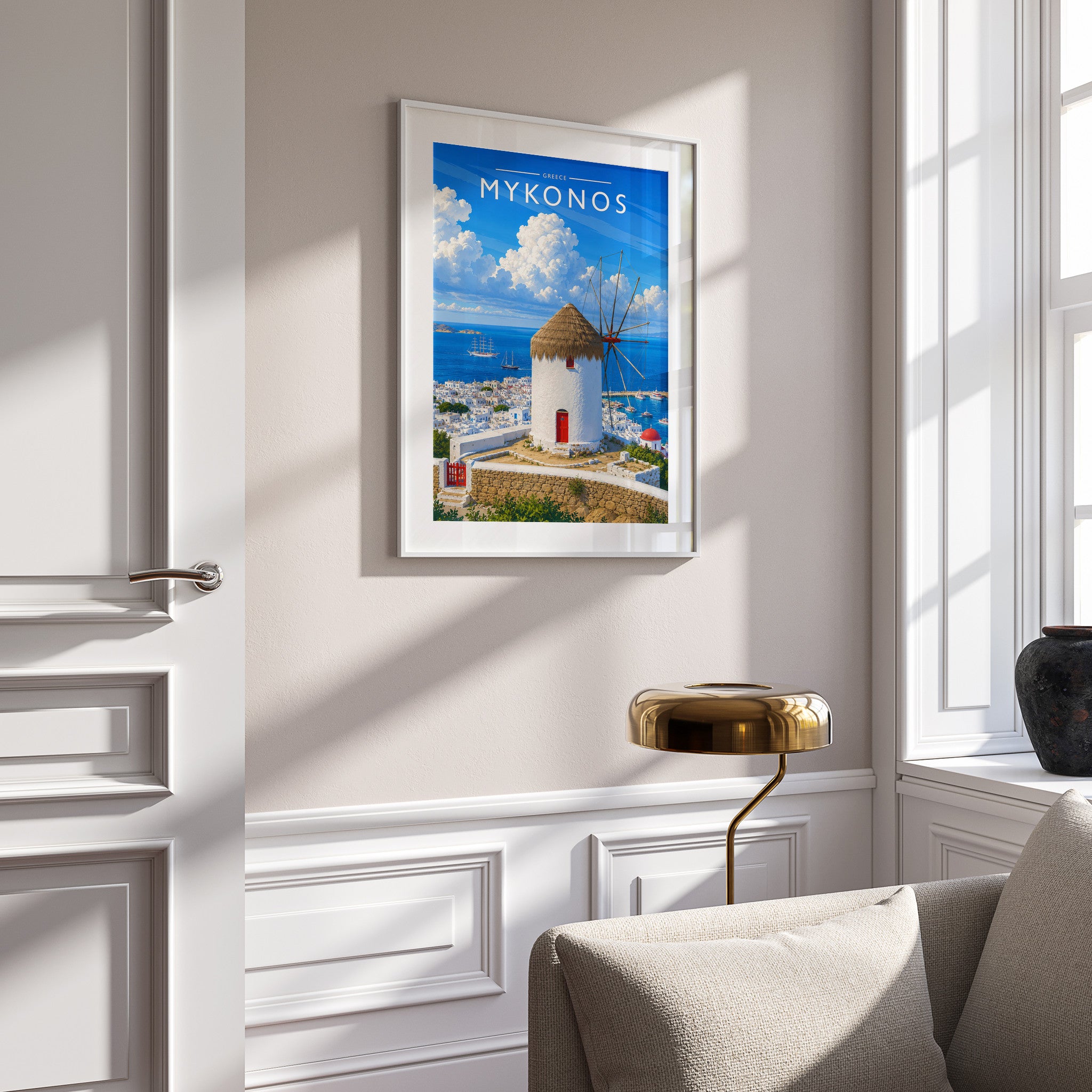 Mykonos #2 Travel Poster in a white frame on a panelled wall