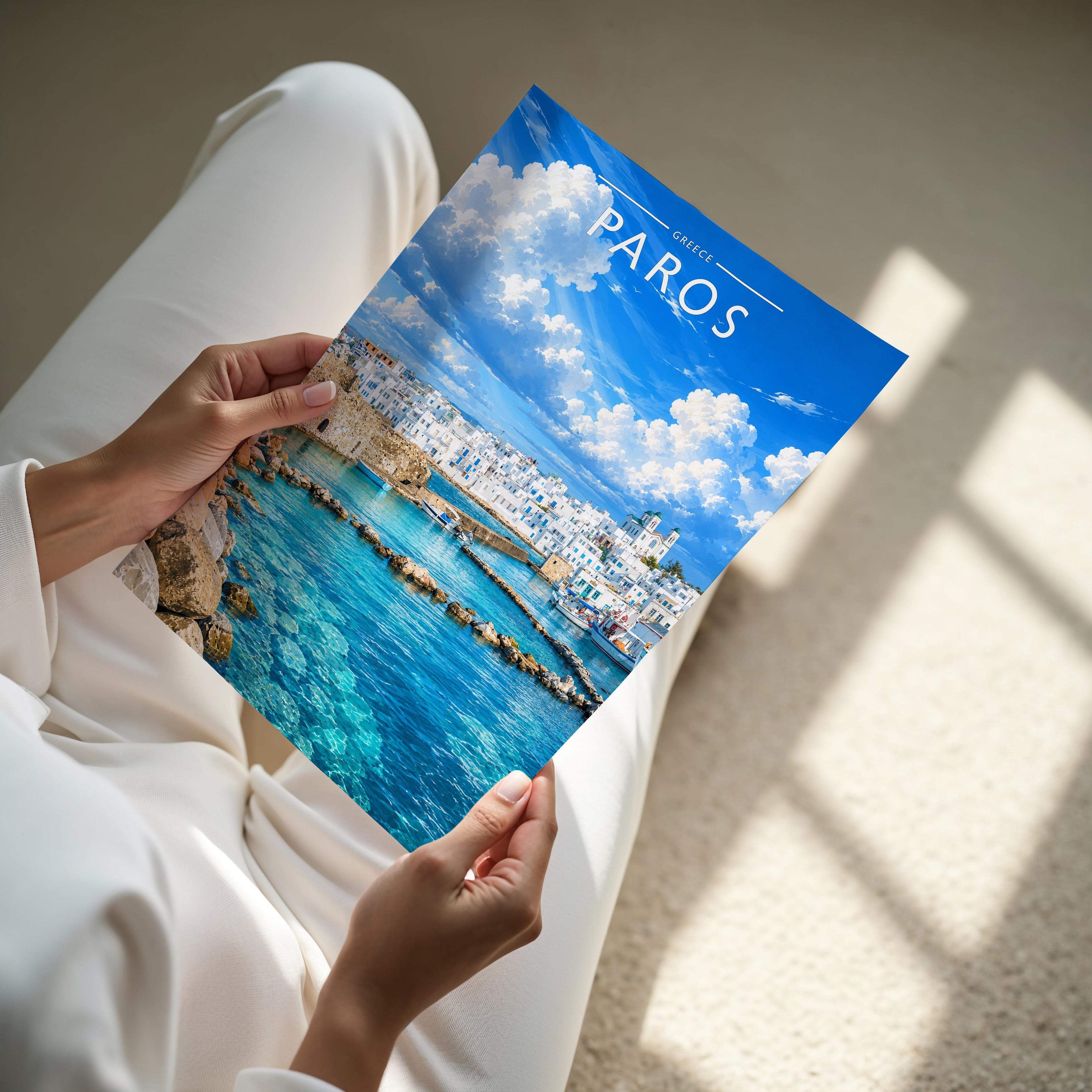Paros #2 Travel Poster - A4 print held in hand