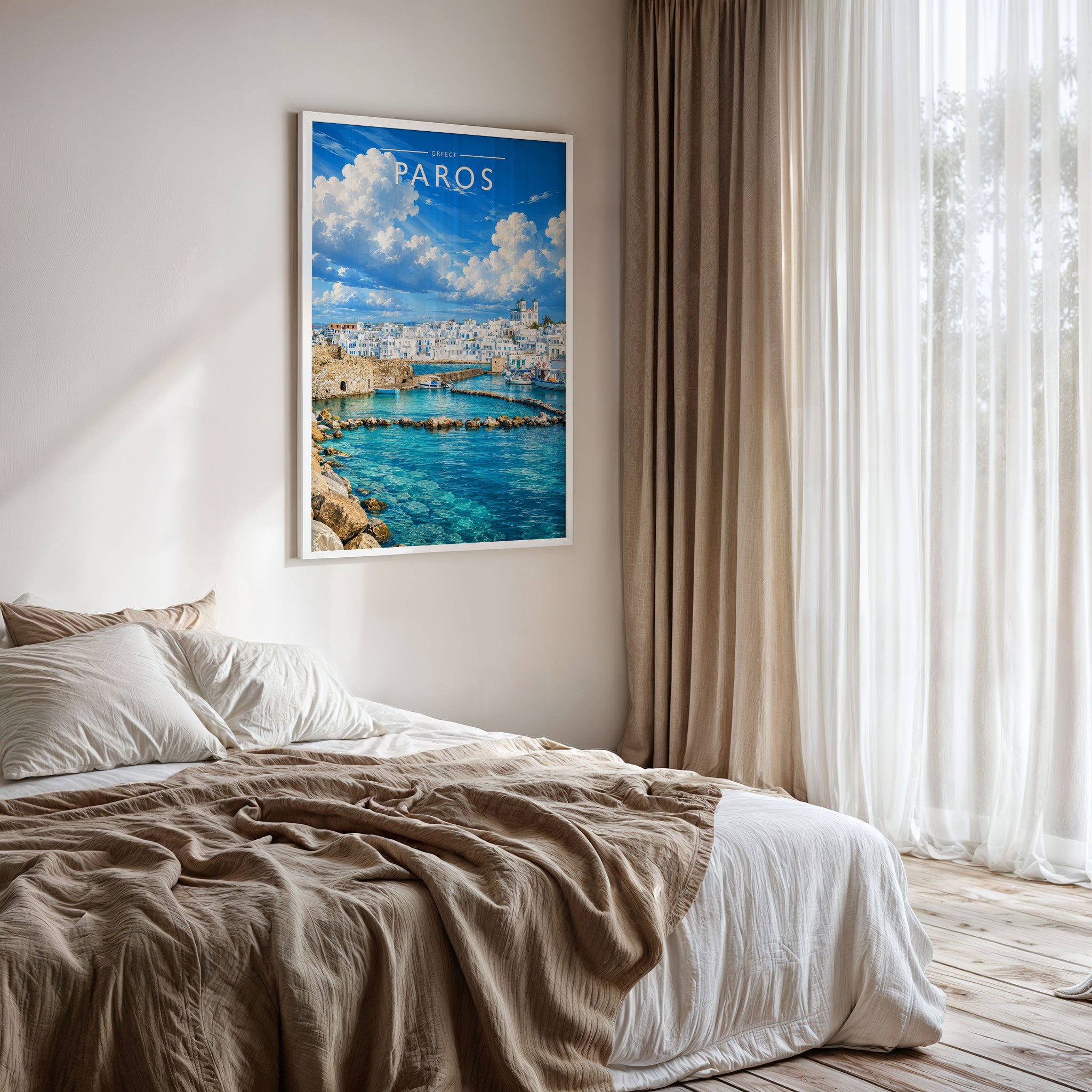 Paros #2 Travel Poster framed on a bedroom wall