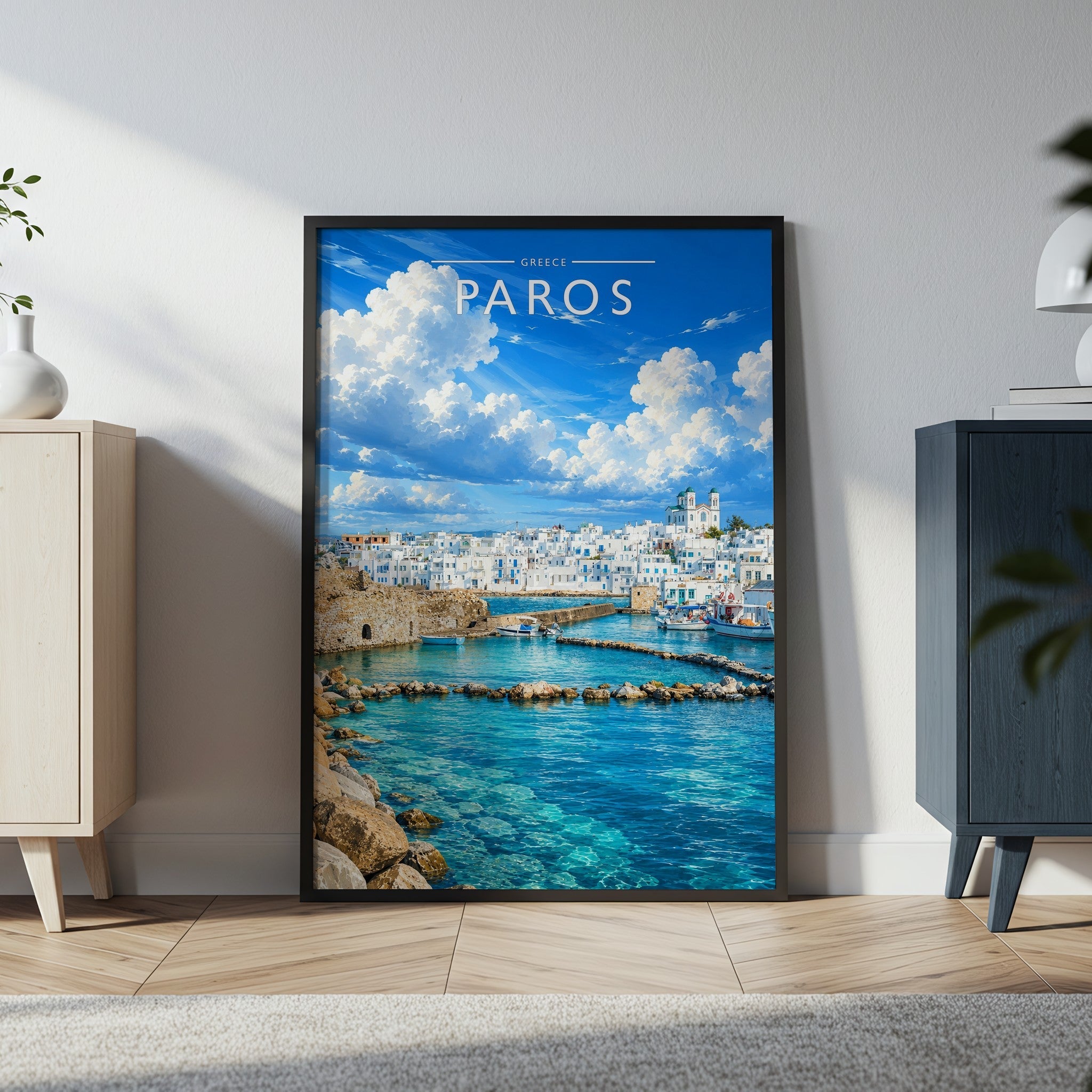 Paros #2 Travel Poster in a black frame