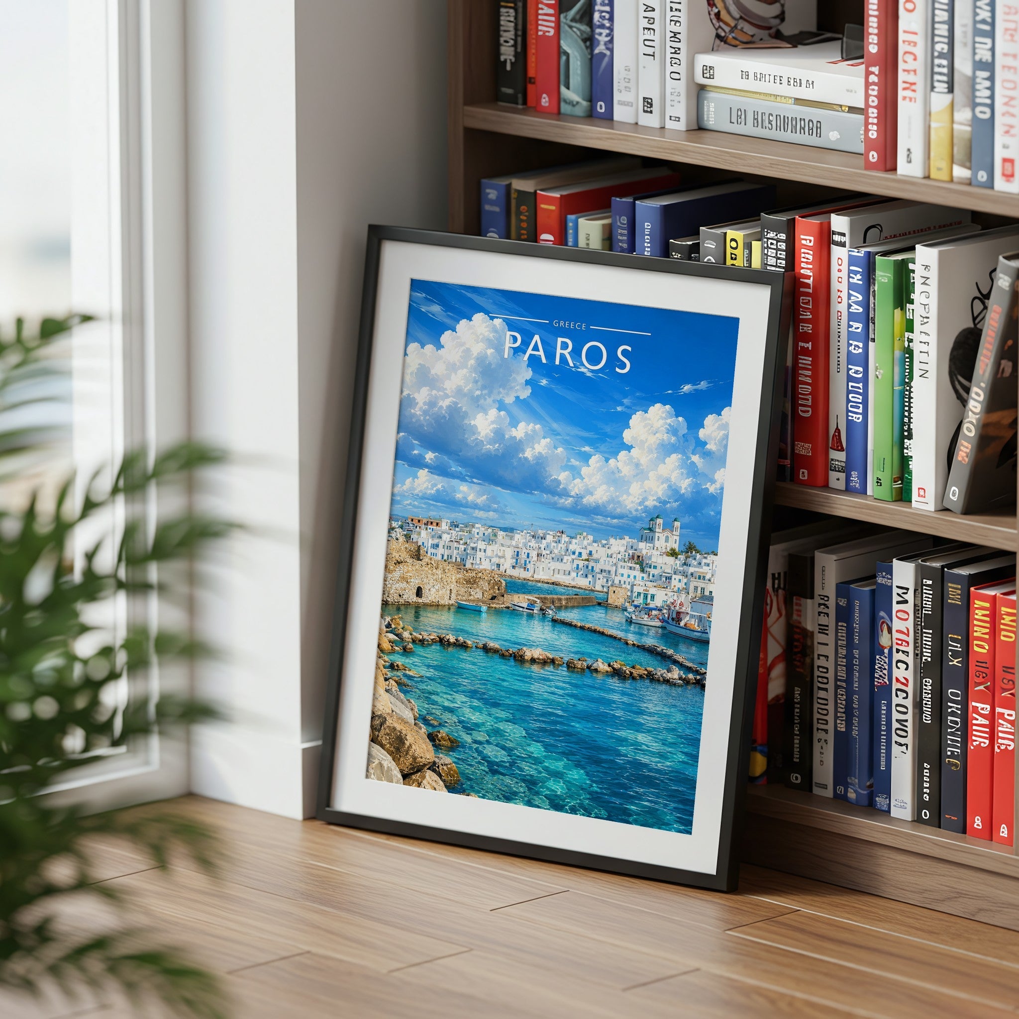 Paros #2 Travel Poster mounted in a black frame