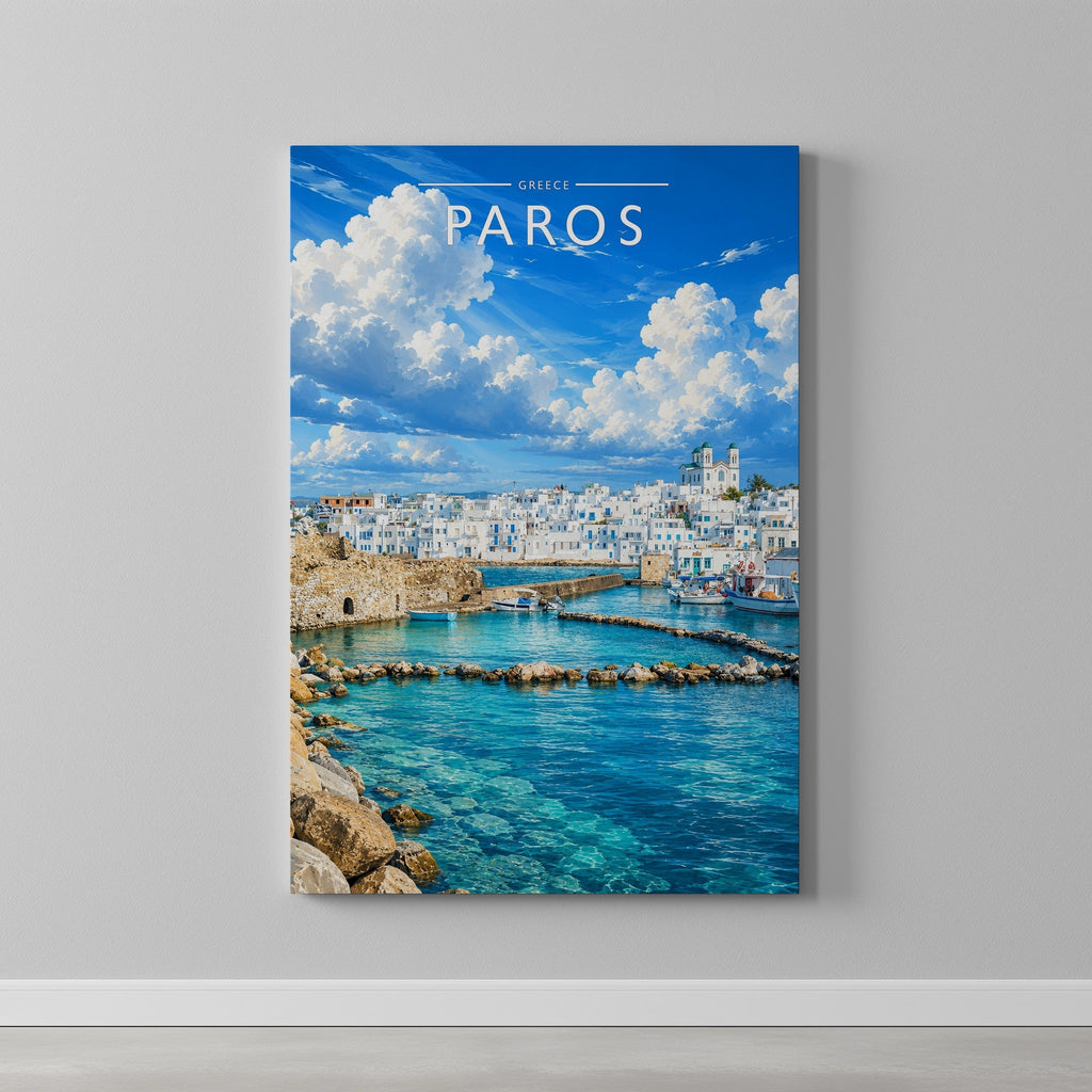 Paros #2 Travel Poster as a gallery-wrapped canvas on a plain wall