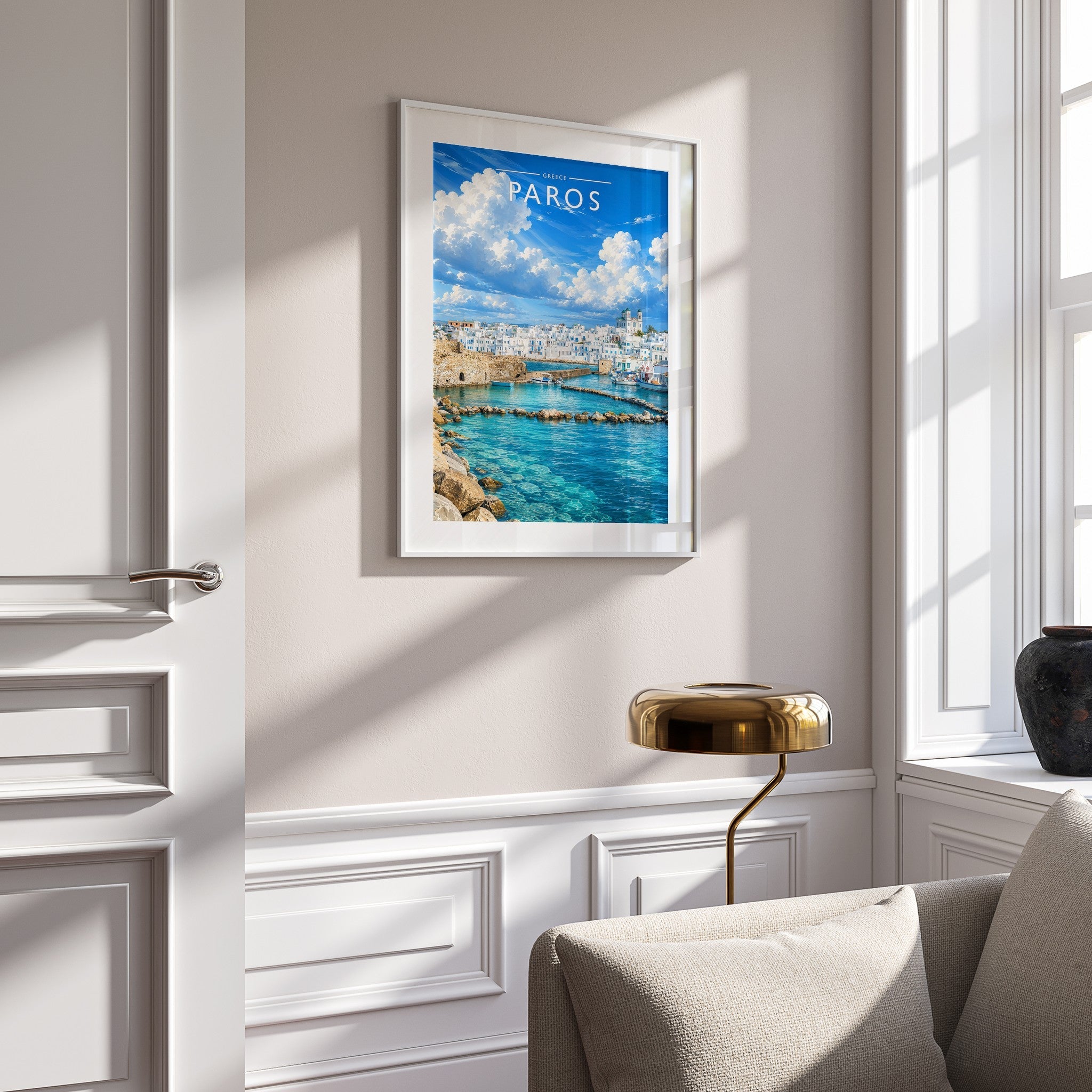 Paros #2 Travel Poster mounted in a white frame