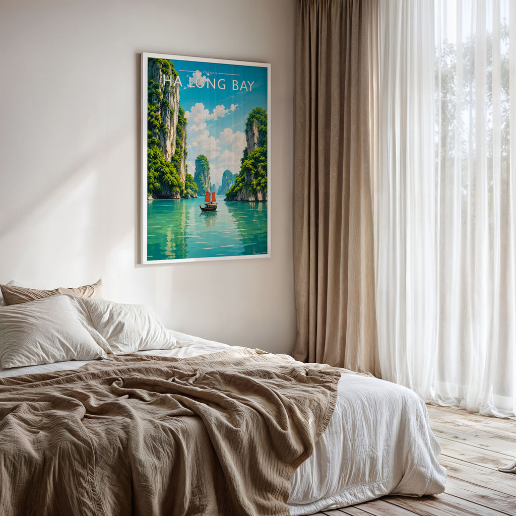 Ha Long Bay Travel Poster framed on a bedroom wall