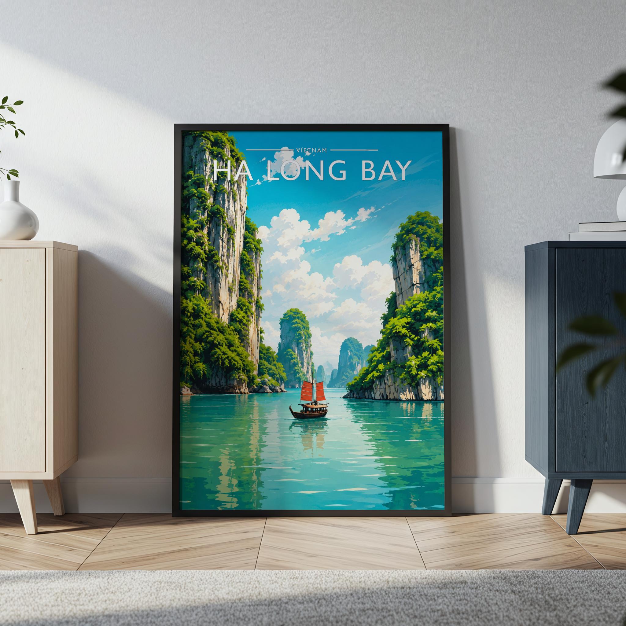 Ha Long Bay Travel Poster in a black frame