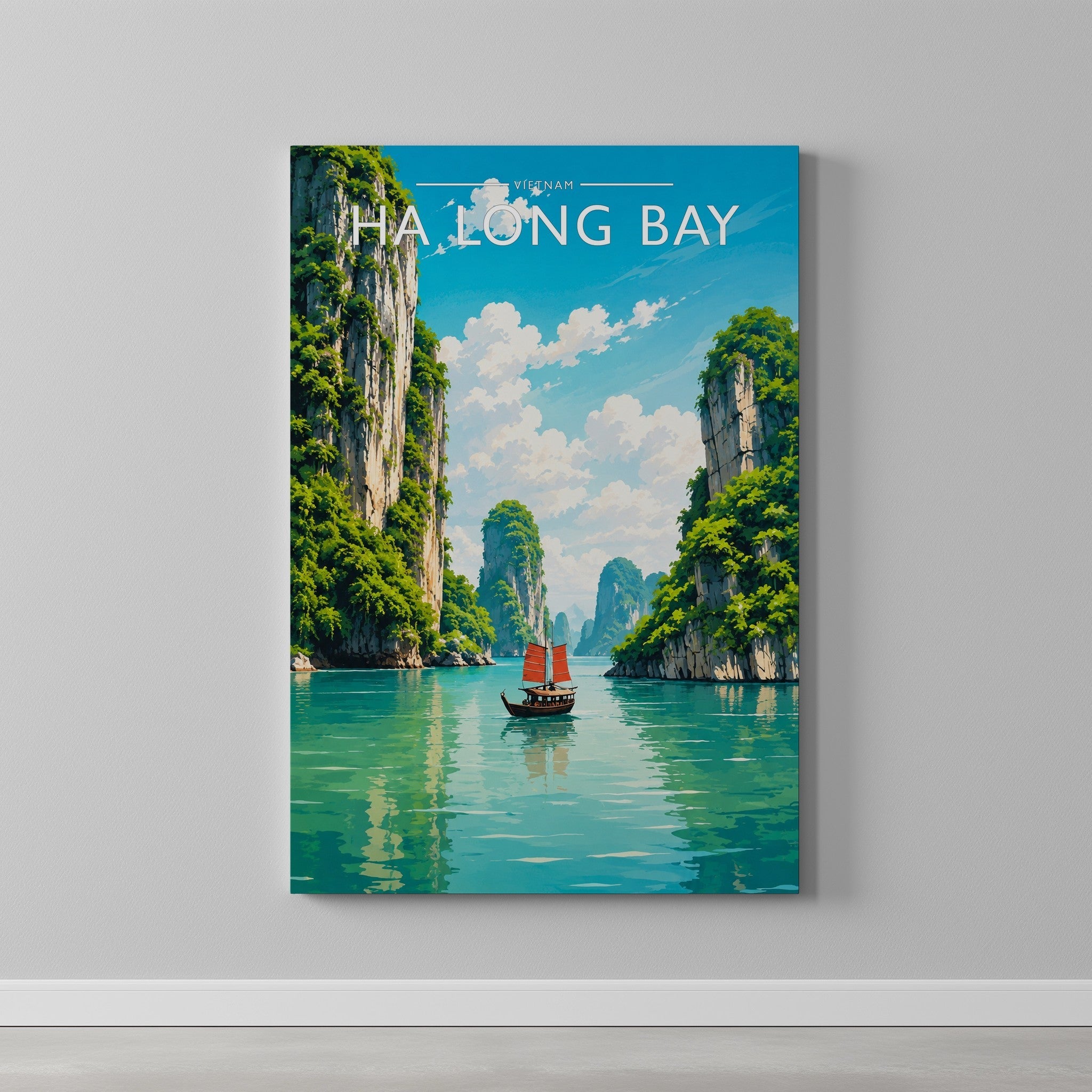 Ha Long Bay Travel Poster as a gallery-wrapped canvas on a plain wall