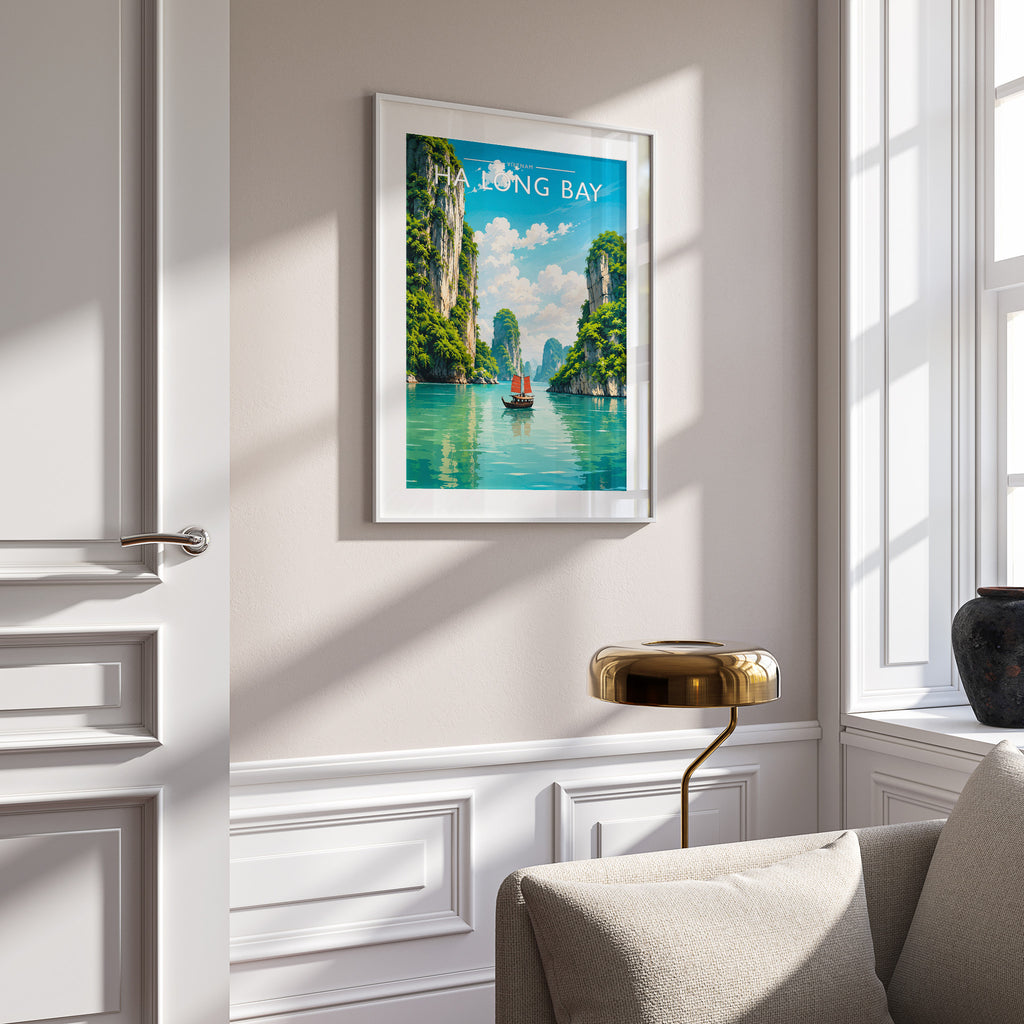 Ha Long Bay Travel Poster in a white frame on a panelled wall