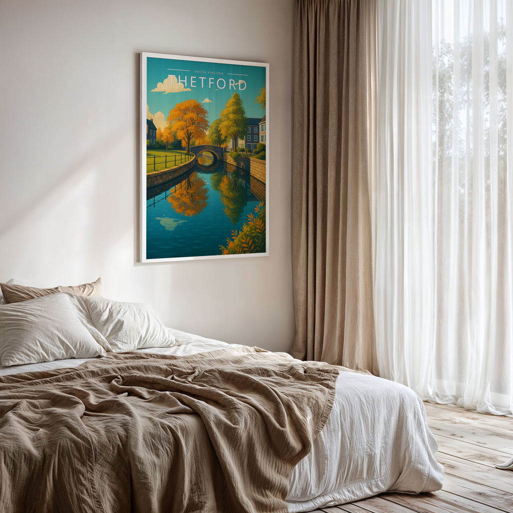 Thetford Travel Poster framed on a bedroom wall