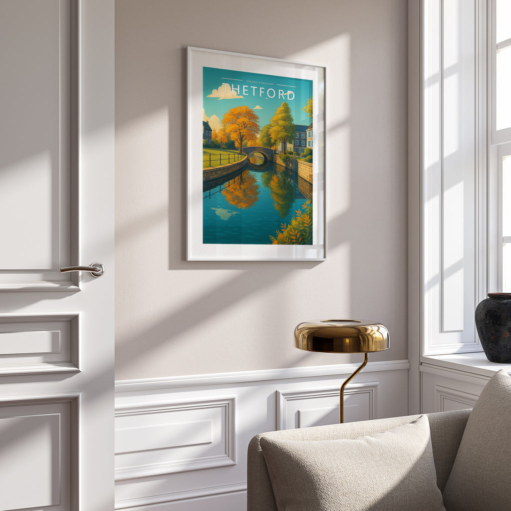 Thetford Travel Poster in a white frame on a panelled wall