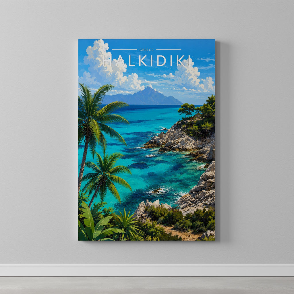 Halkidiki #2 Travel Poster as a gallery-wrapped canvas on a plain wall