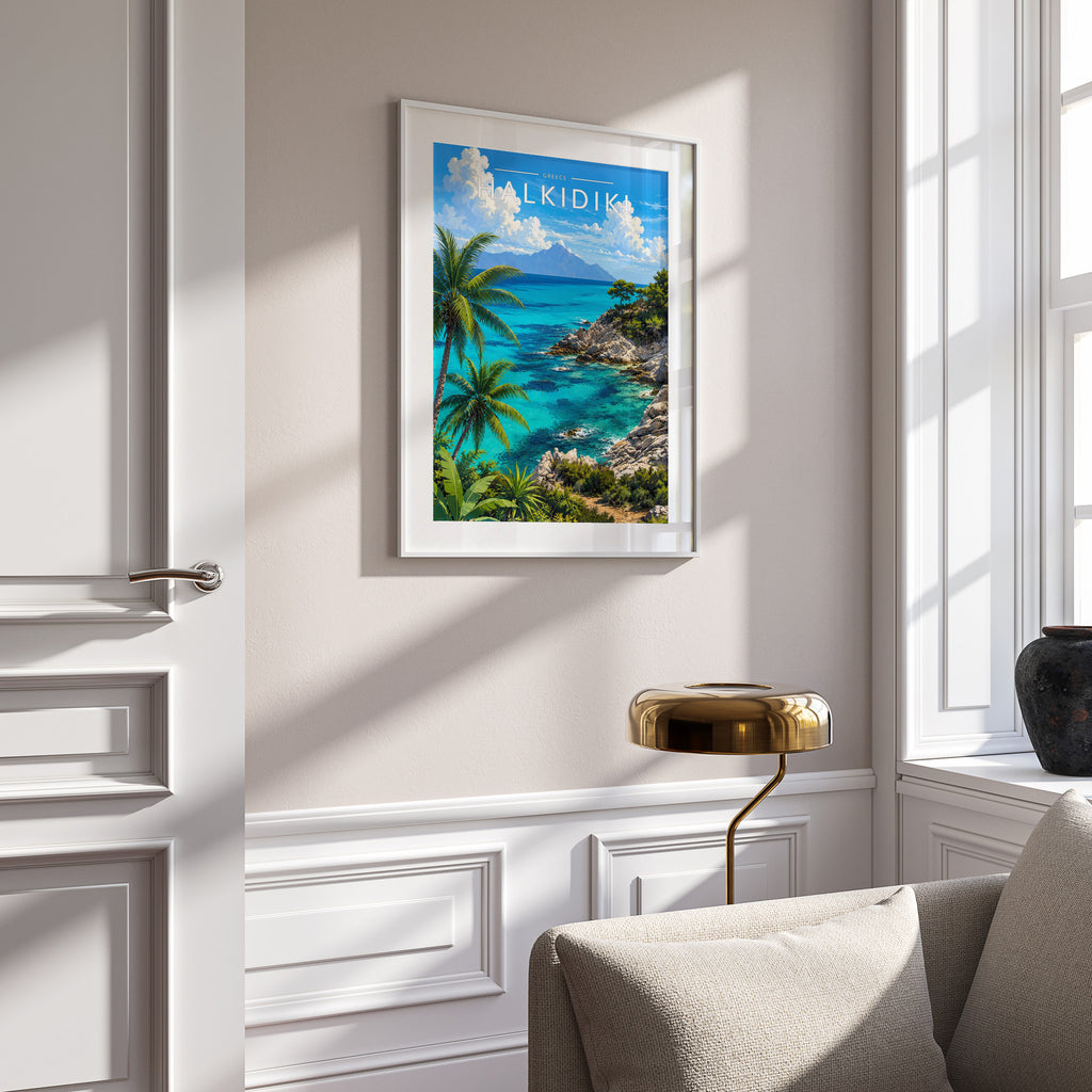 Halkidiki #2 Travel Poster in a white frame on a panelled wall