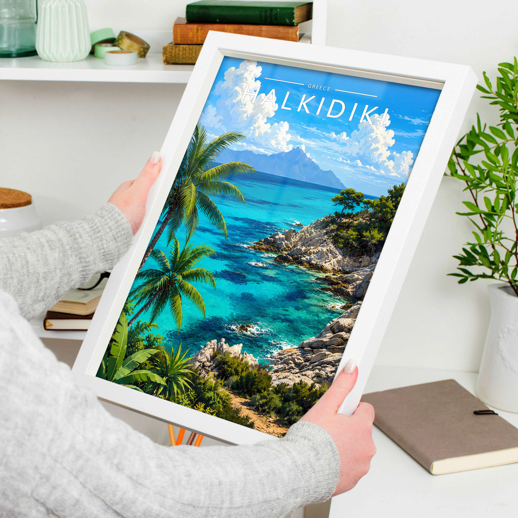 Halkidiki #2 Travel Poster in a white frame, held to show scale