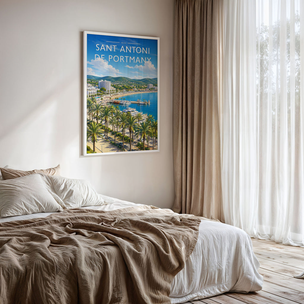 Sant Antoni de Portmany Travel Poster framed on a bedroom wall