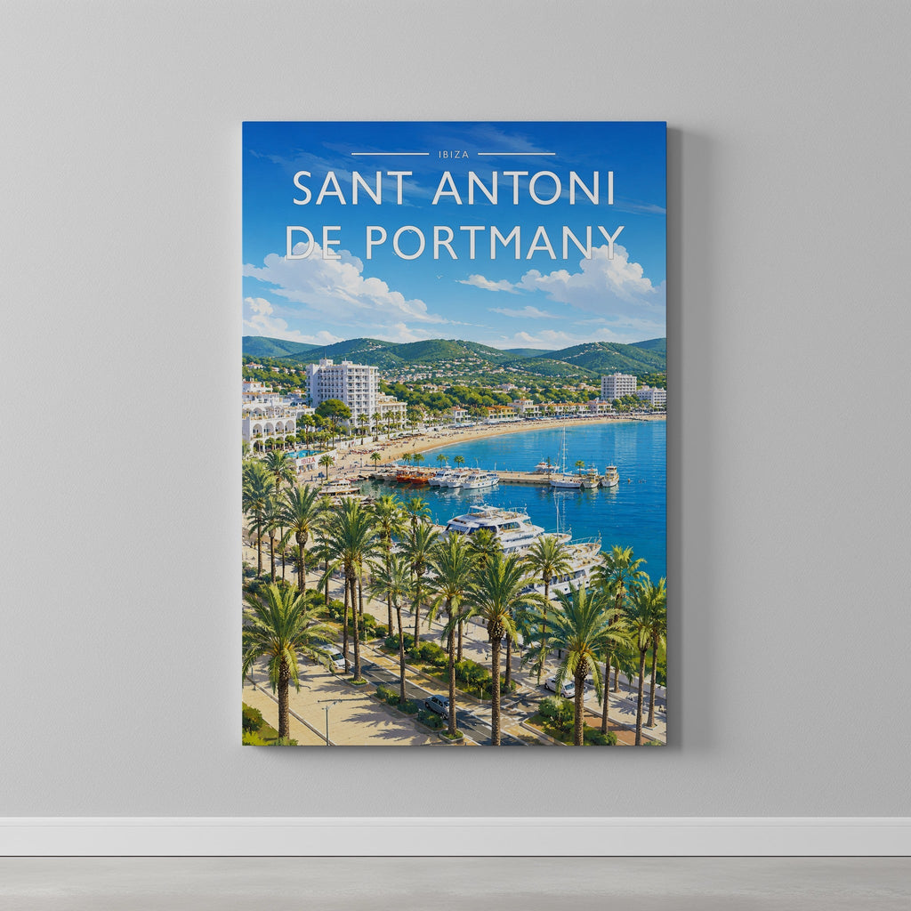 Sant Antoni de Portmany Travel Poster as a gallery-wrapped canvas on a plain wall