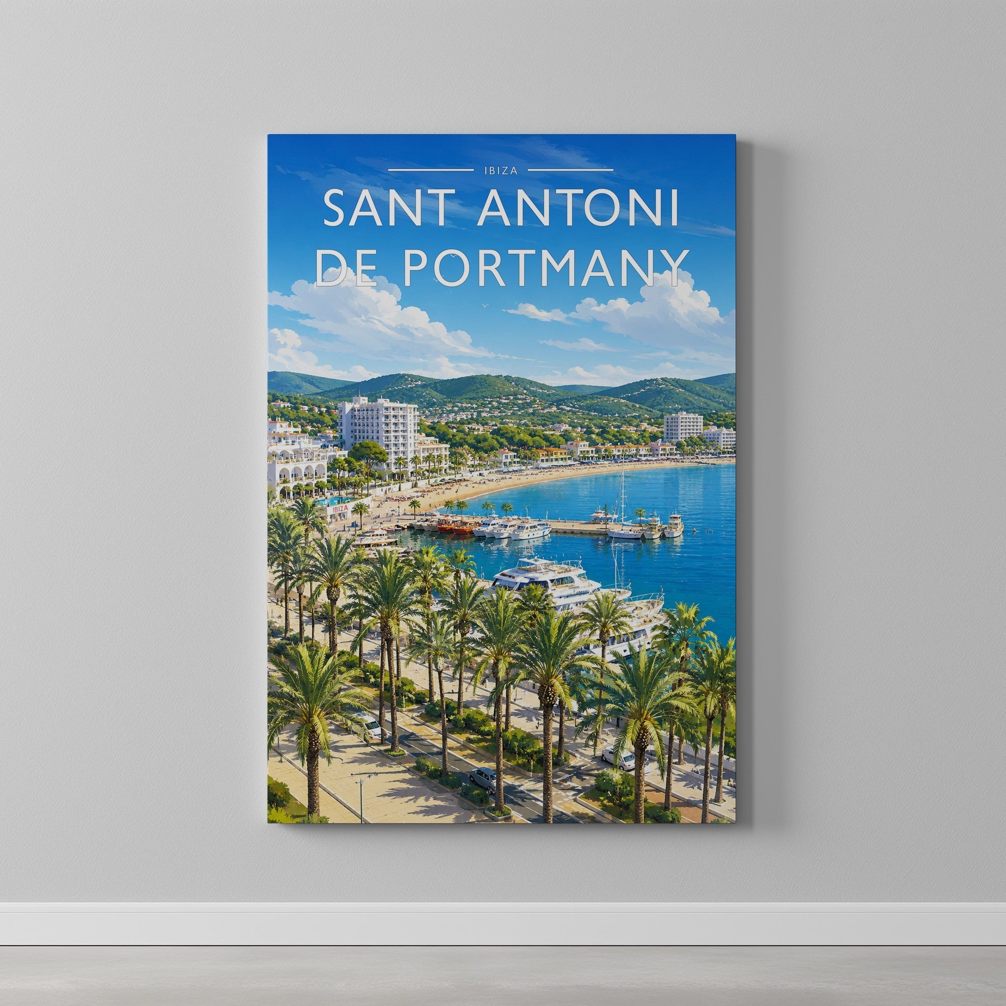 Sant Antoni de Portmany Travel Poster as a gallery-wrapped canvas on a plain wall