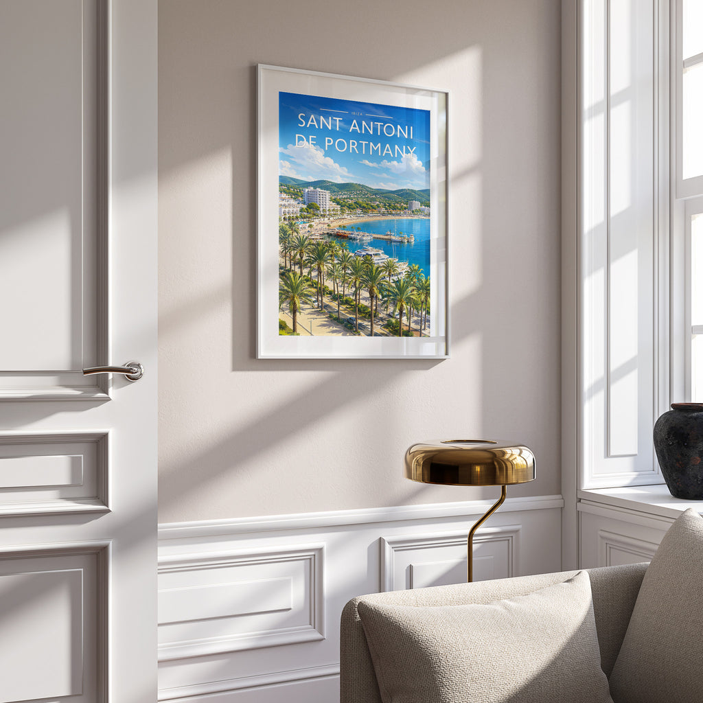 Sant Antoni de Portmany Travel Poster in a white frame on a panelled wall