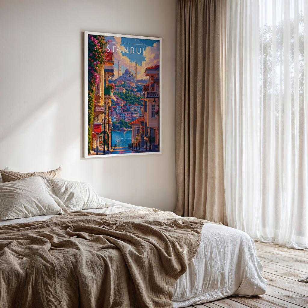 Istanbul Travel Poster framed on a bedroom wall