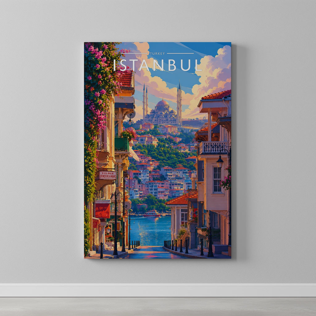 Istanbul Travel Poster as a gallery-wrapped canvas on a plain wall