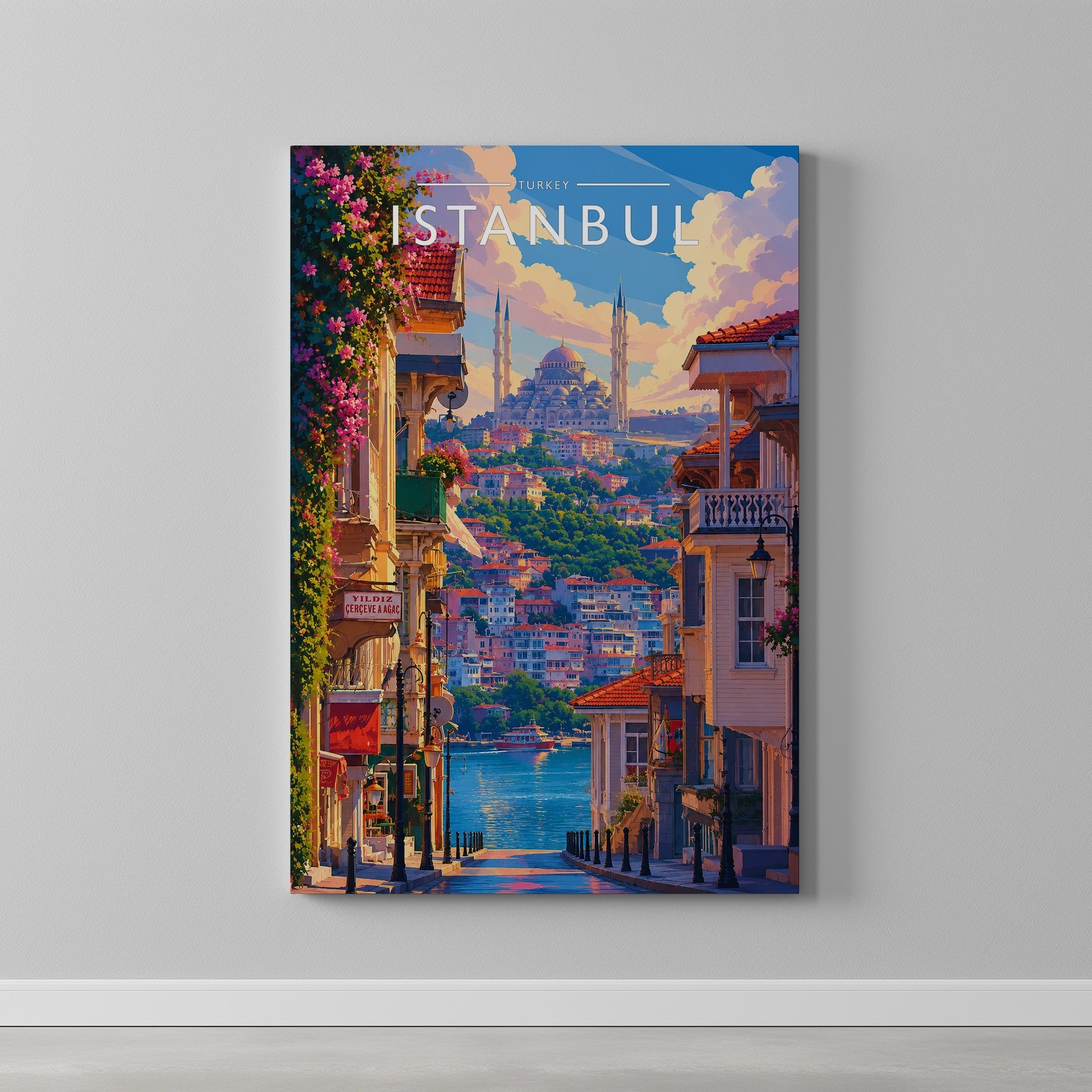 Istanbul Travel Poster as a gallery-wrapped canvas on a plain wall