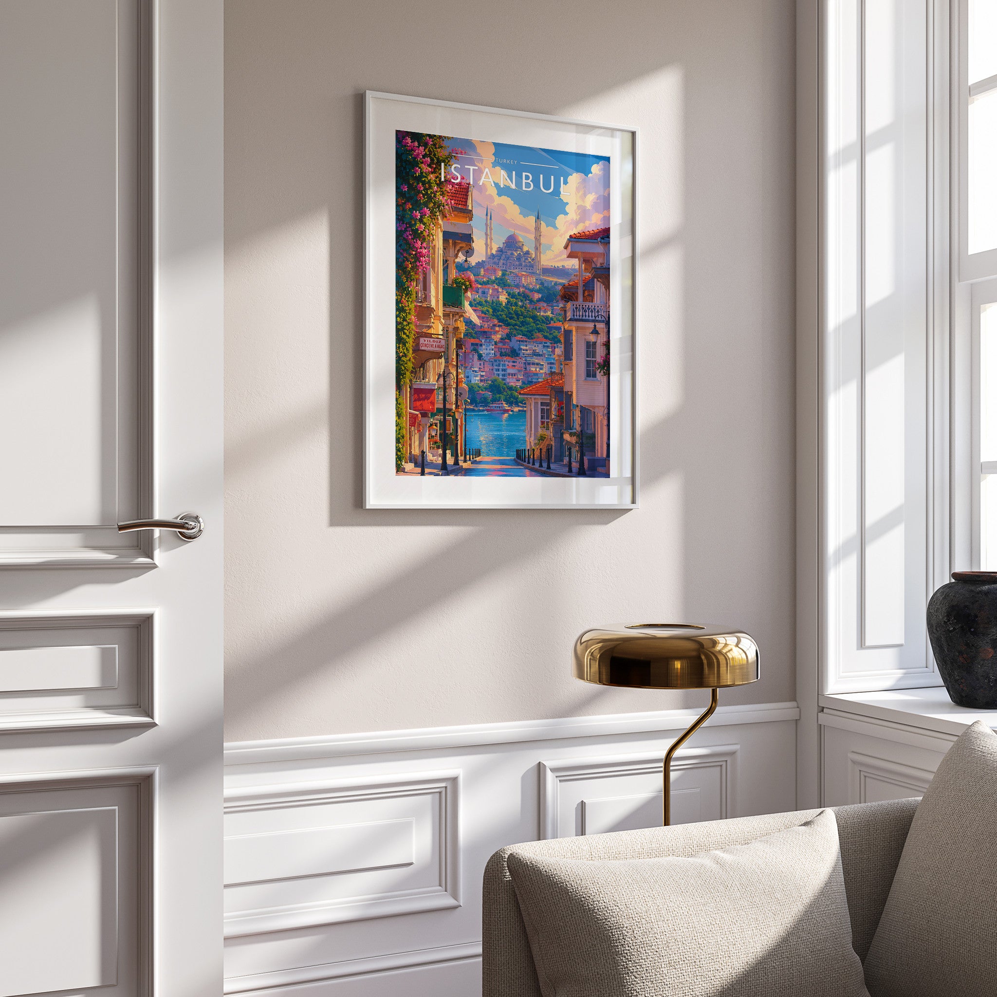 Istanbul Travel Poster in a white frame on a panelled wall