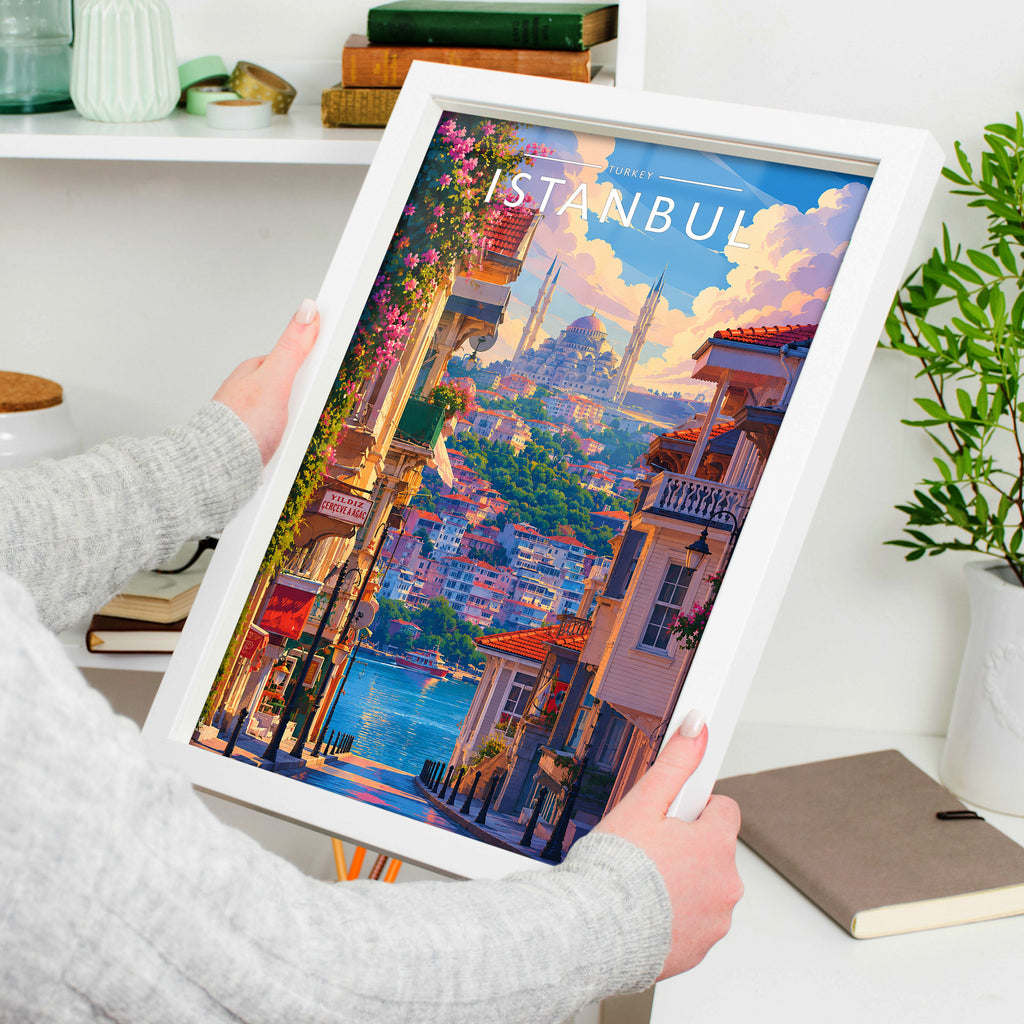 Istanbul Travel Poster in a white frame, held to show scale