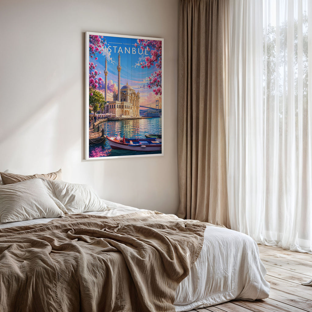 Istanbul #2 Travel Poster framed on a bedroom wall