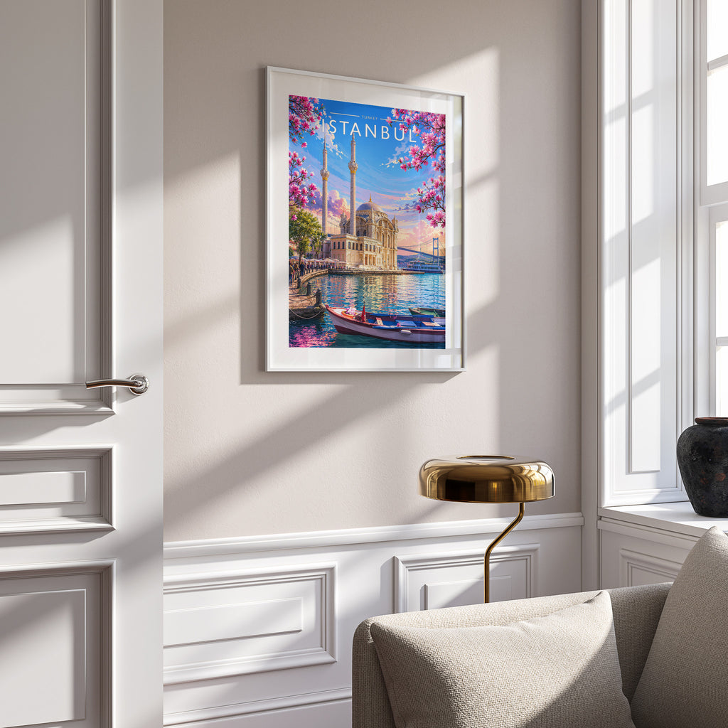 Istanbul #2 Travel Poster in a white frame on a panelled wall
