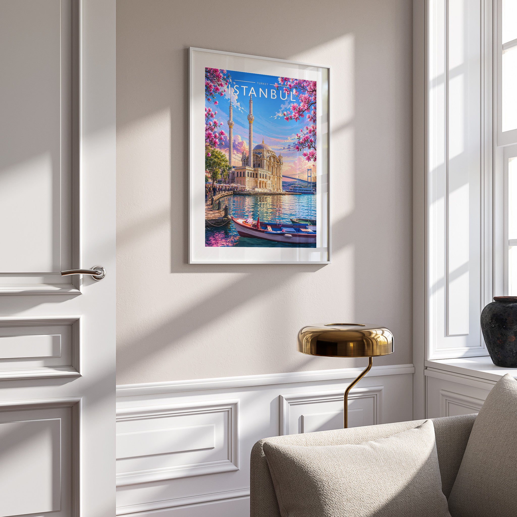 Istanbul #2 Travel Poster in a white frame on a panelled wall