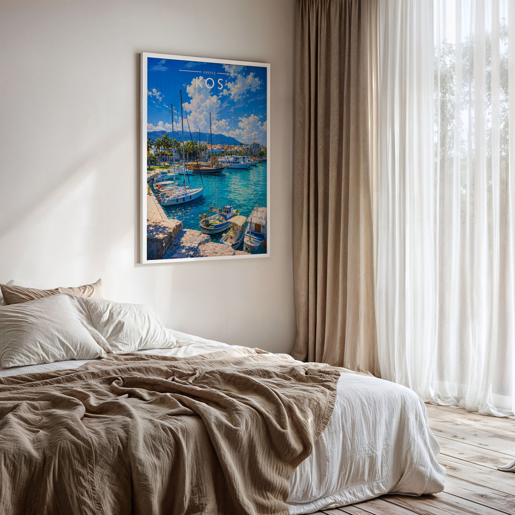 Kos #3 Travel Poster framed on a bedroom wall